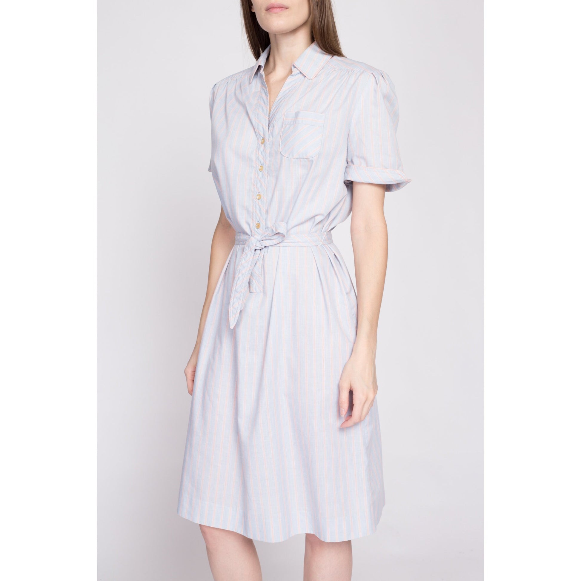 70s Blue Striped Belted Shirtdress - Medium to Large | Vintage Button Front Knee Length Short Sleeve Midi Day Dress