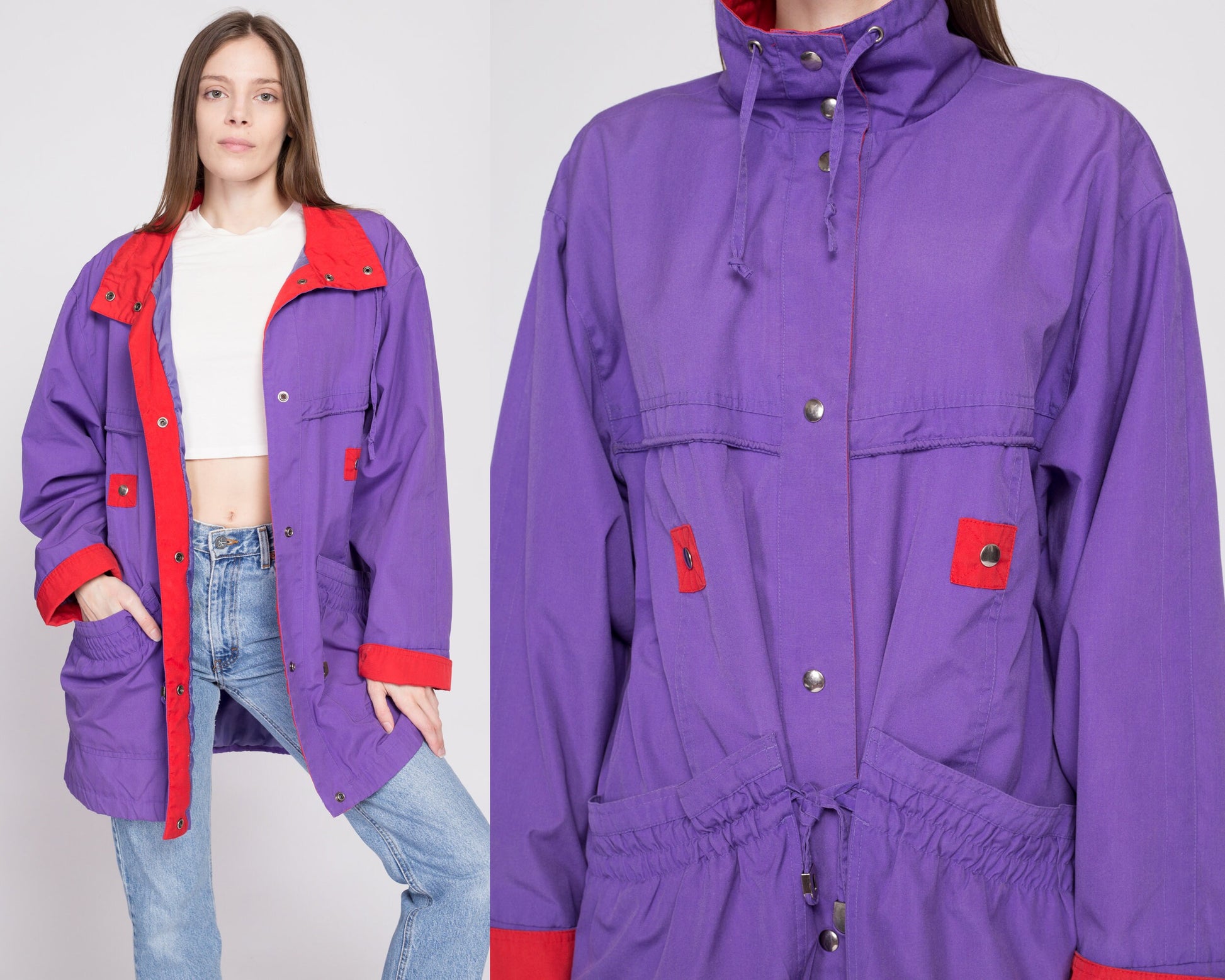 80s Current Seen Oversize Color Block Jacket - Medium | Vintage Streetwear Snap Up Long Windbreaker