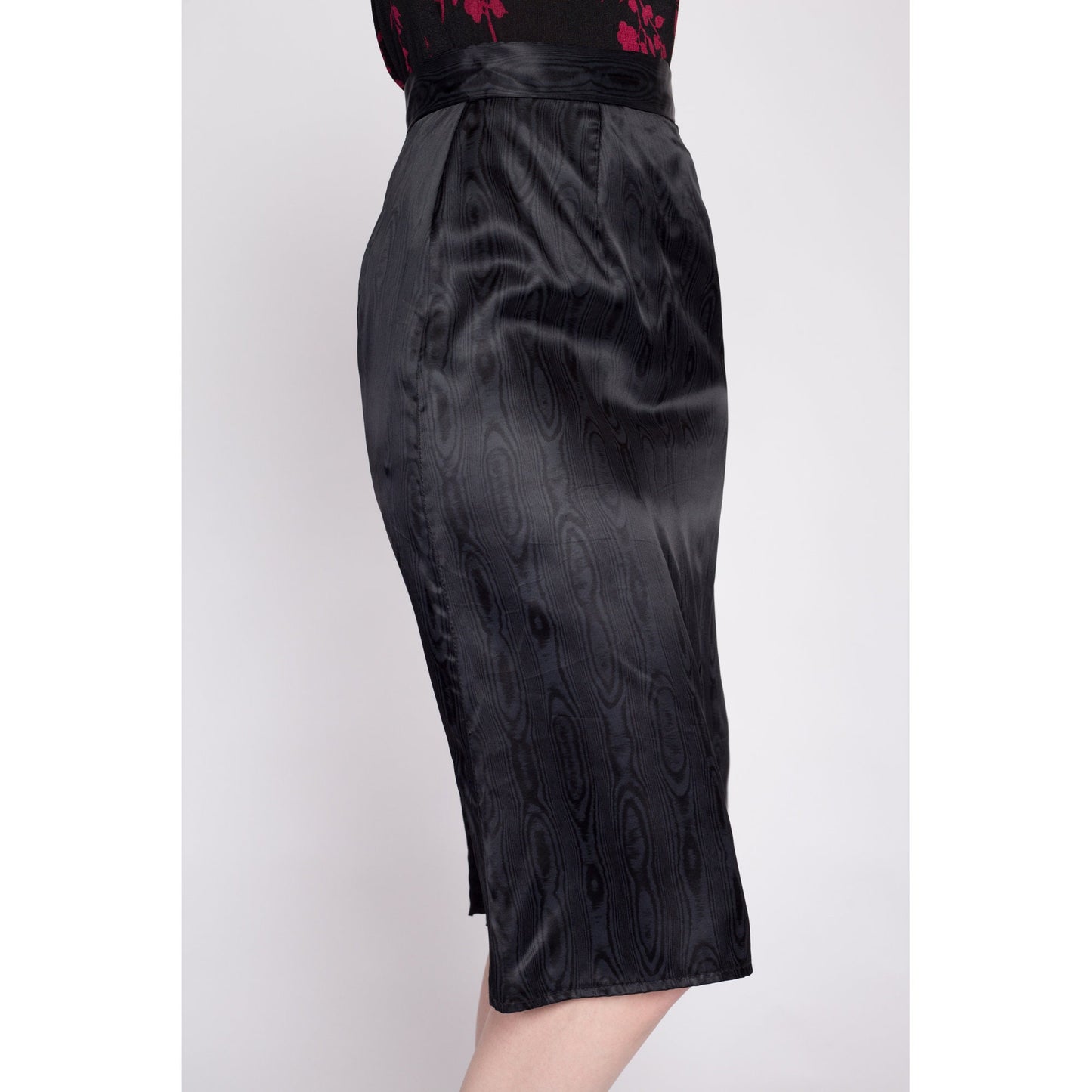 70s Black Wood Grain Satin Skirt - Extra Small, 24" | Vintage High Waisted A Line Minimalist Skirt