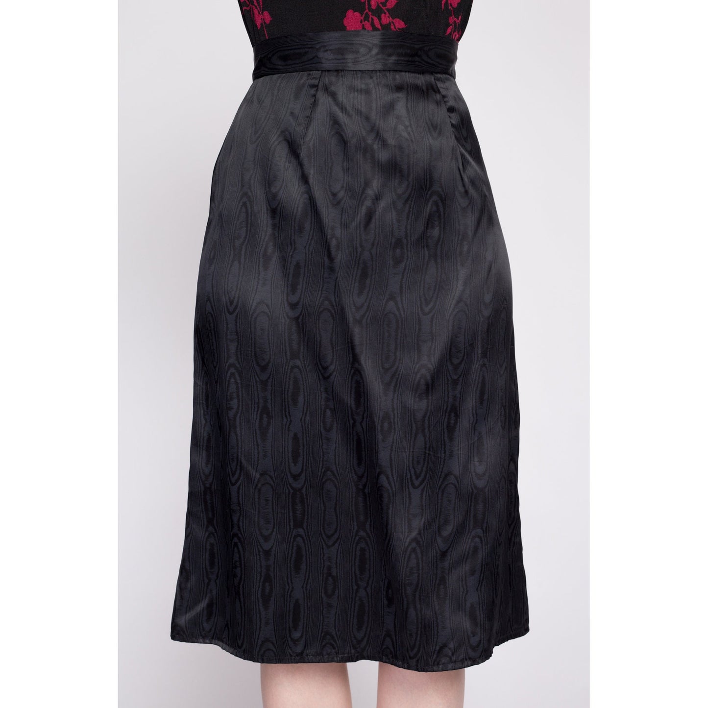 70s Black Wood Grain Satin Skirt - Extra Small, 24" | Vintage High Waisted A Line Minimalist Skirt