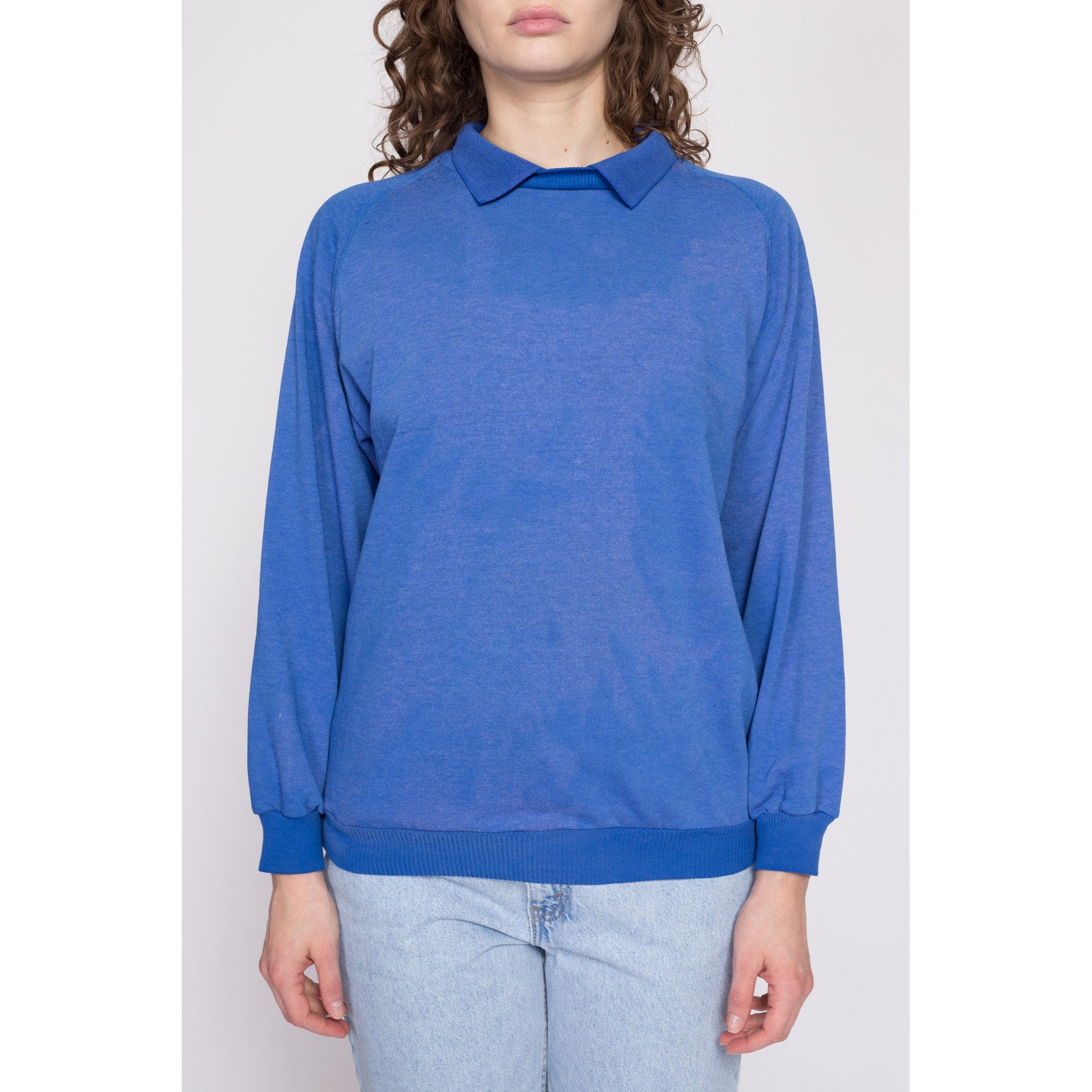 70s 80s Collared Raglan Sweatshirt - Extra Large | Vintage Plain Blue Grunge Lightweight Pullover