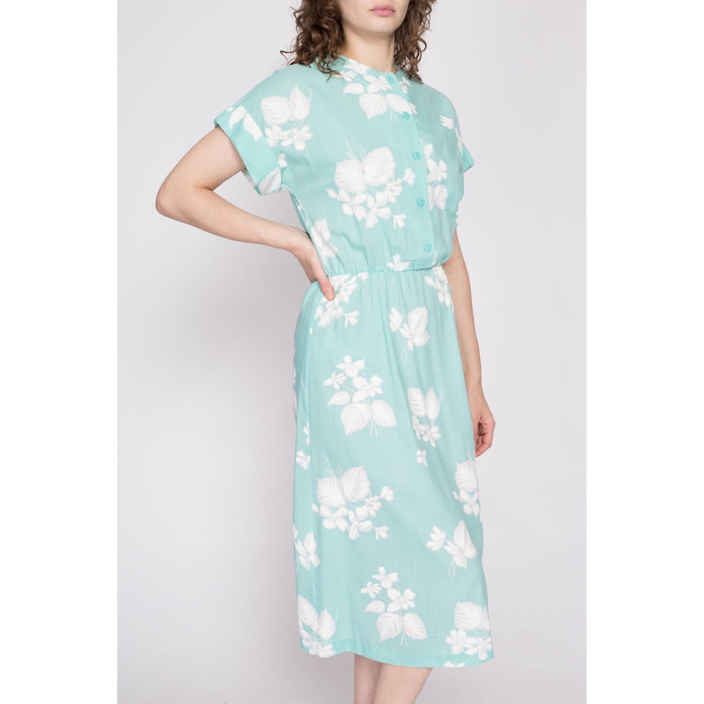 80s Aqua Blue Floral Shirtdress - Medium | Vintage Button Up Cuffed Sleeve Midi Secretary Dress