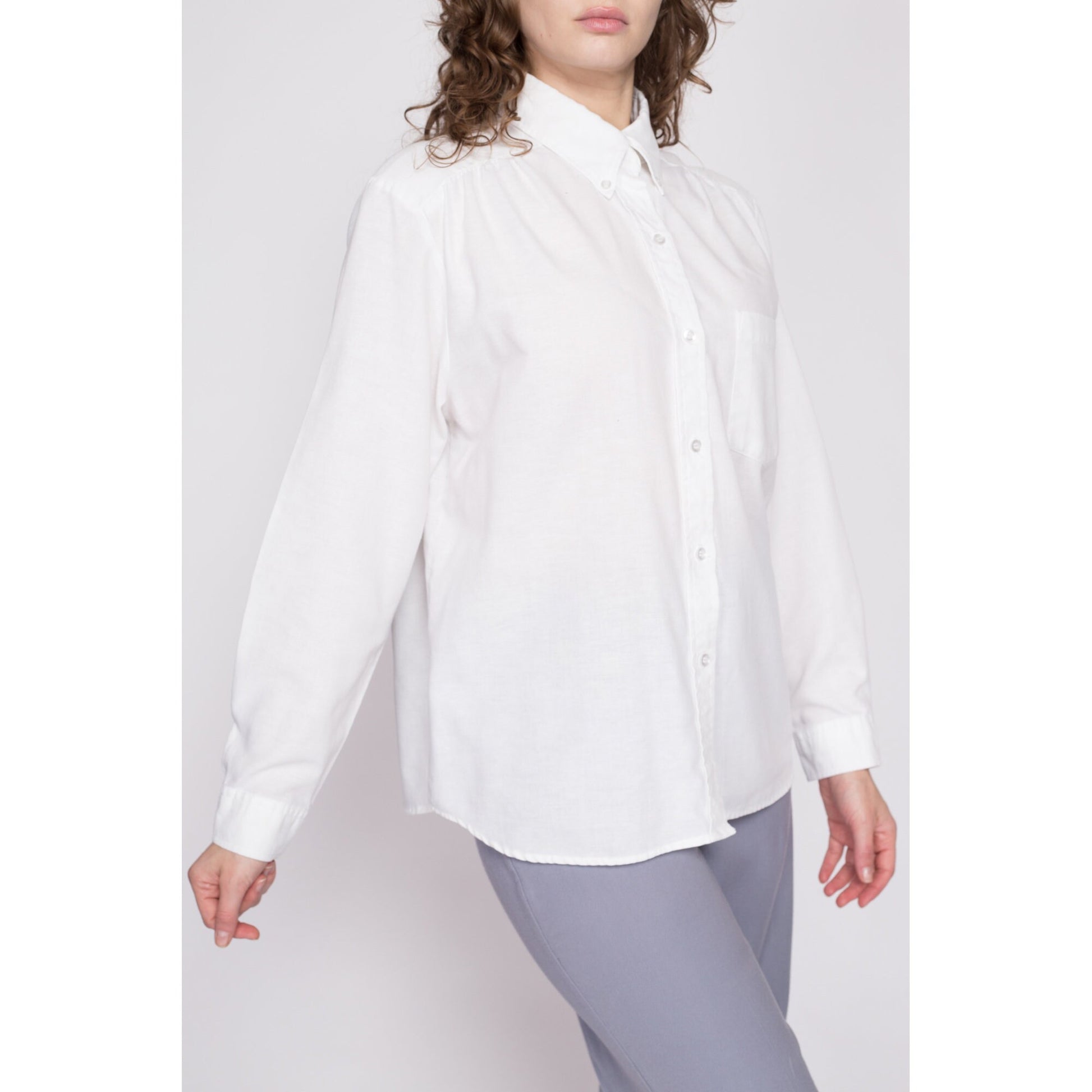 80s Minimalist White Button Up Shirt - Extra Large | Vintage Cotton Blend Long Sleeve Collared Top
