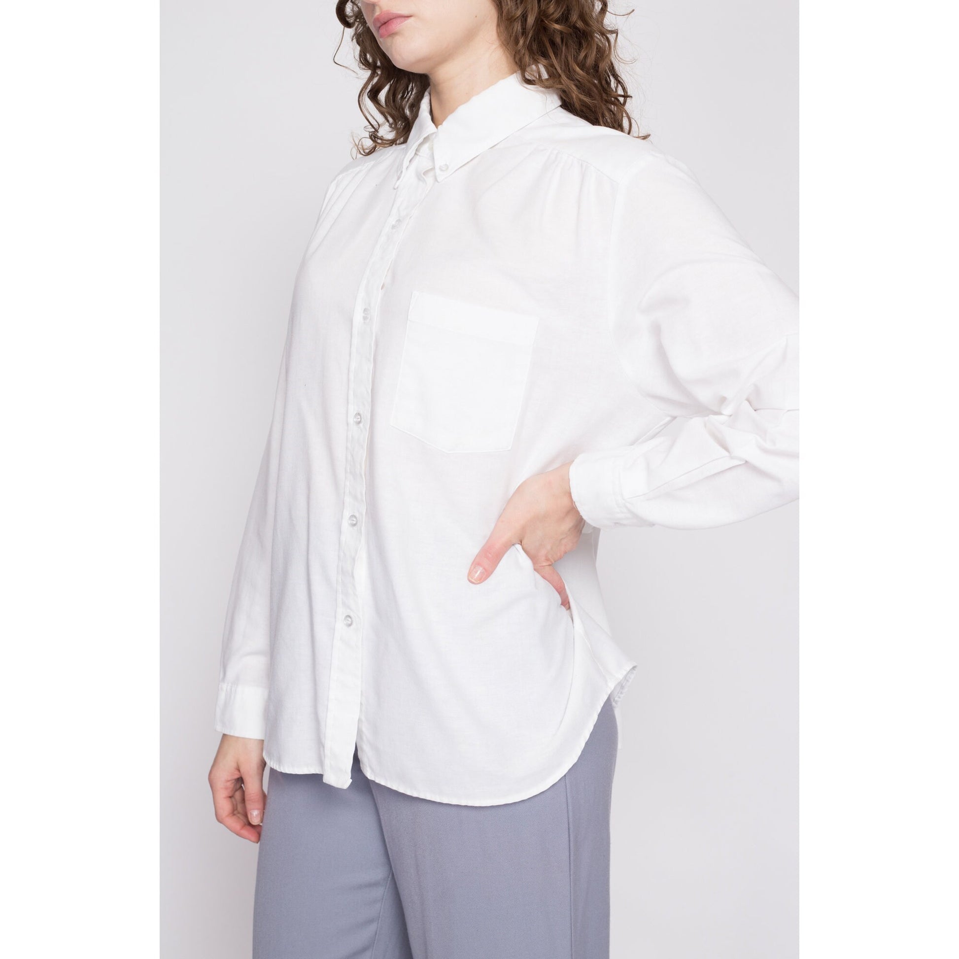80s Minimalist White Button Up Shirt - Extra Large | Vintage Cotton Blend Long Sleeve Collared Top