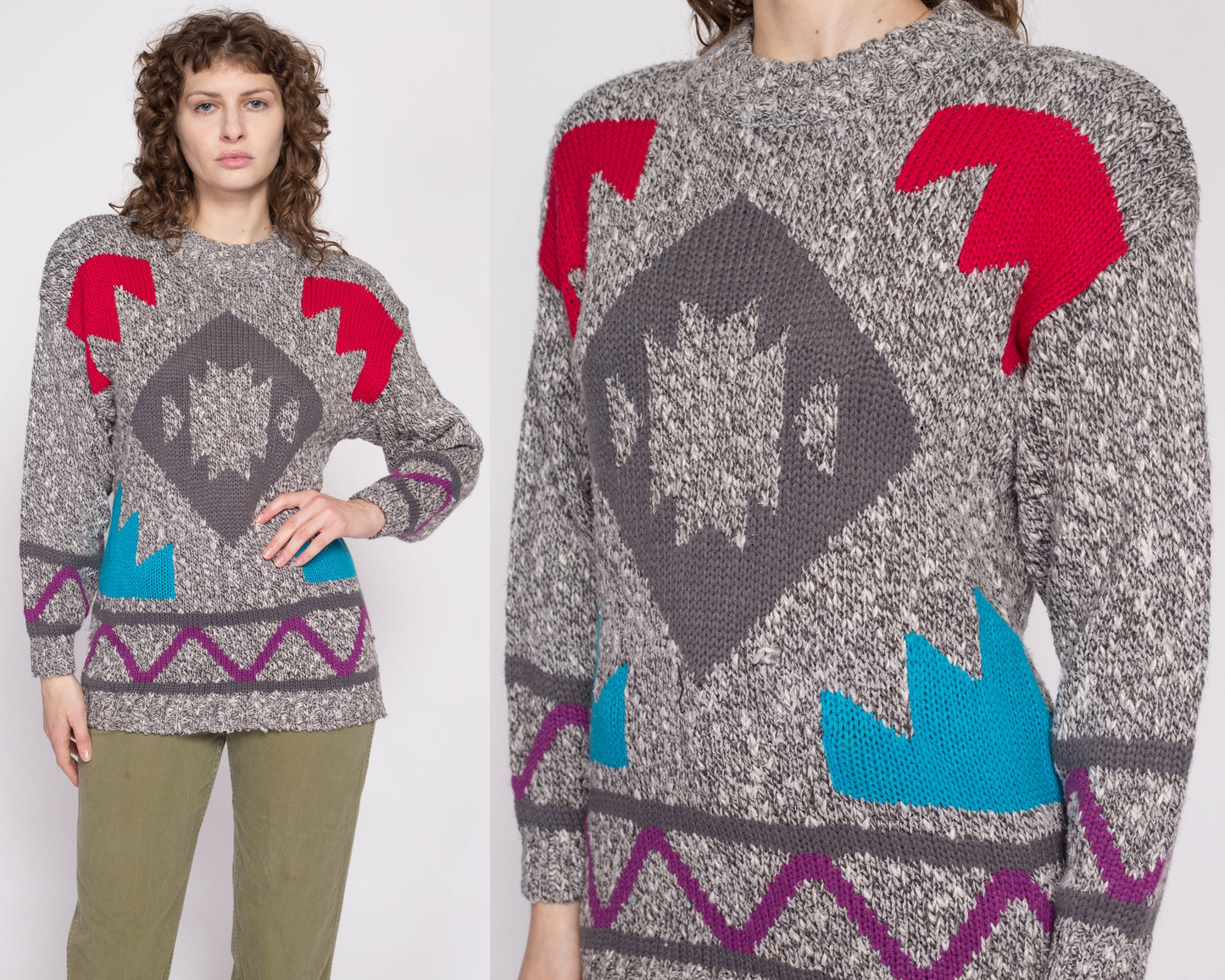80s Geometric Knit Sweater - Small | Vintage Grey Color Block Pullover