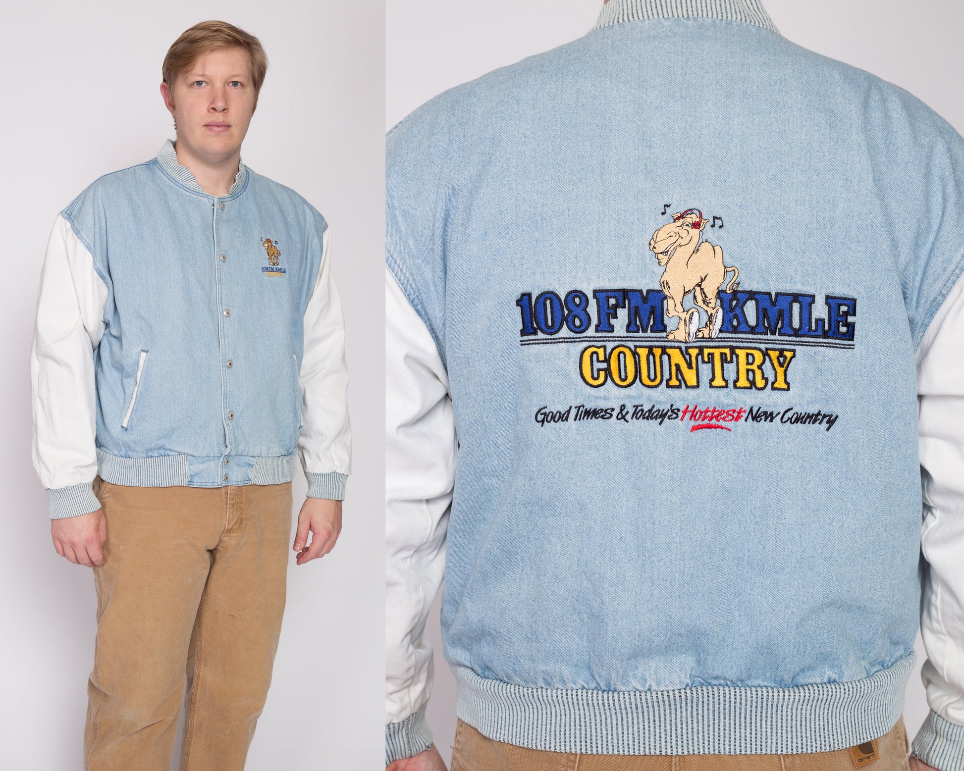 Vintage 108 FM KMLE Country Music Station Denim Jacket - Men's XL | 90s Baseball Style Snap Up Lightweight Jean Varsity Coat