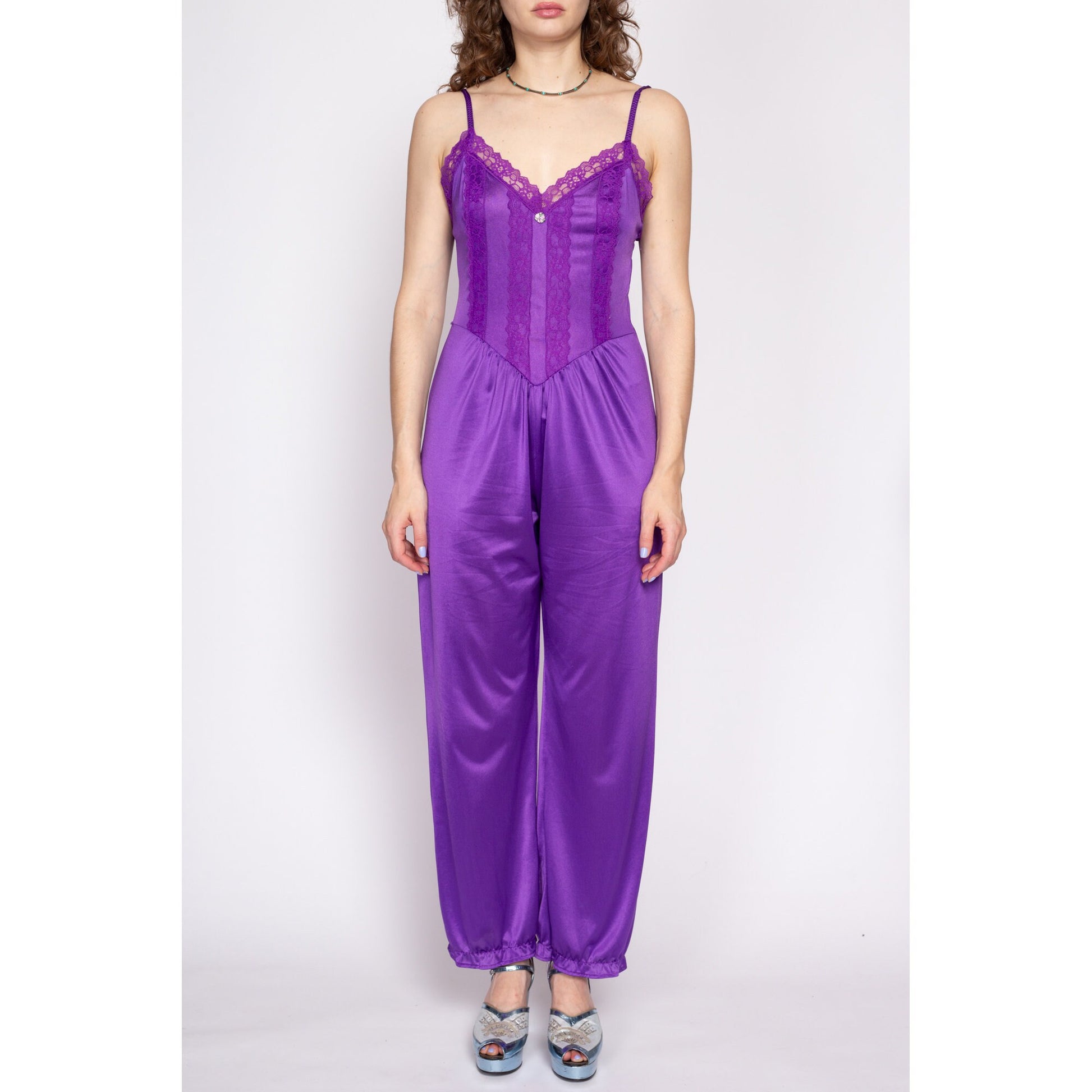 70s Purple Lace Lingerie Jumpsuit - Medium | Vintage Sexy Boudoir Loungewear Pajama One Piece Outfit