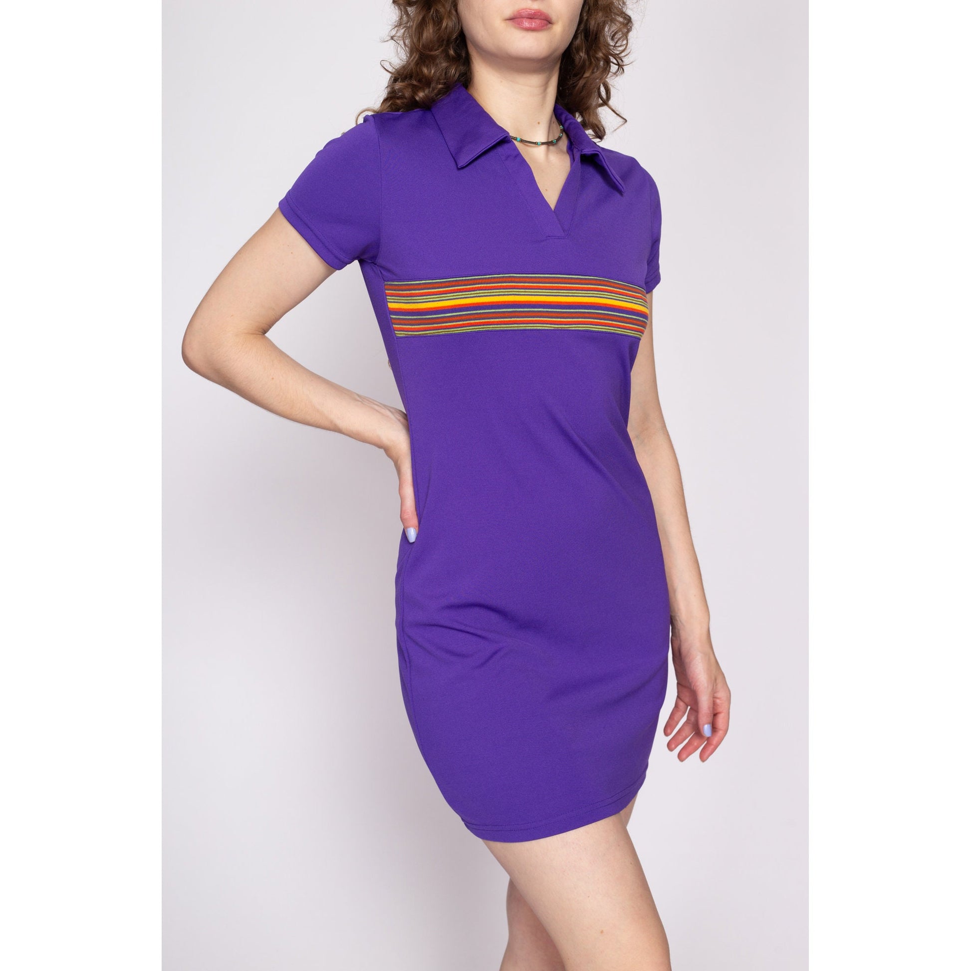 90s Express Preppy Polo Mini Dress - Small | Vintage Sporty Purple Striped Collared Short Sleeve Shirtdress