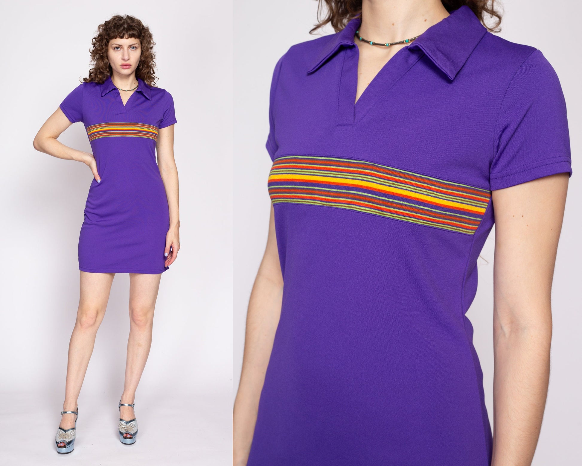 90s Express Preppy Polo Mini Dress - Small | Vintage Sporty Purple Striped Collared Short Sleeve Shirtdress