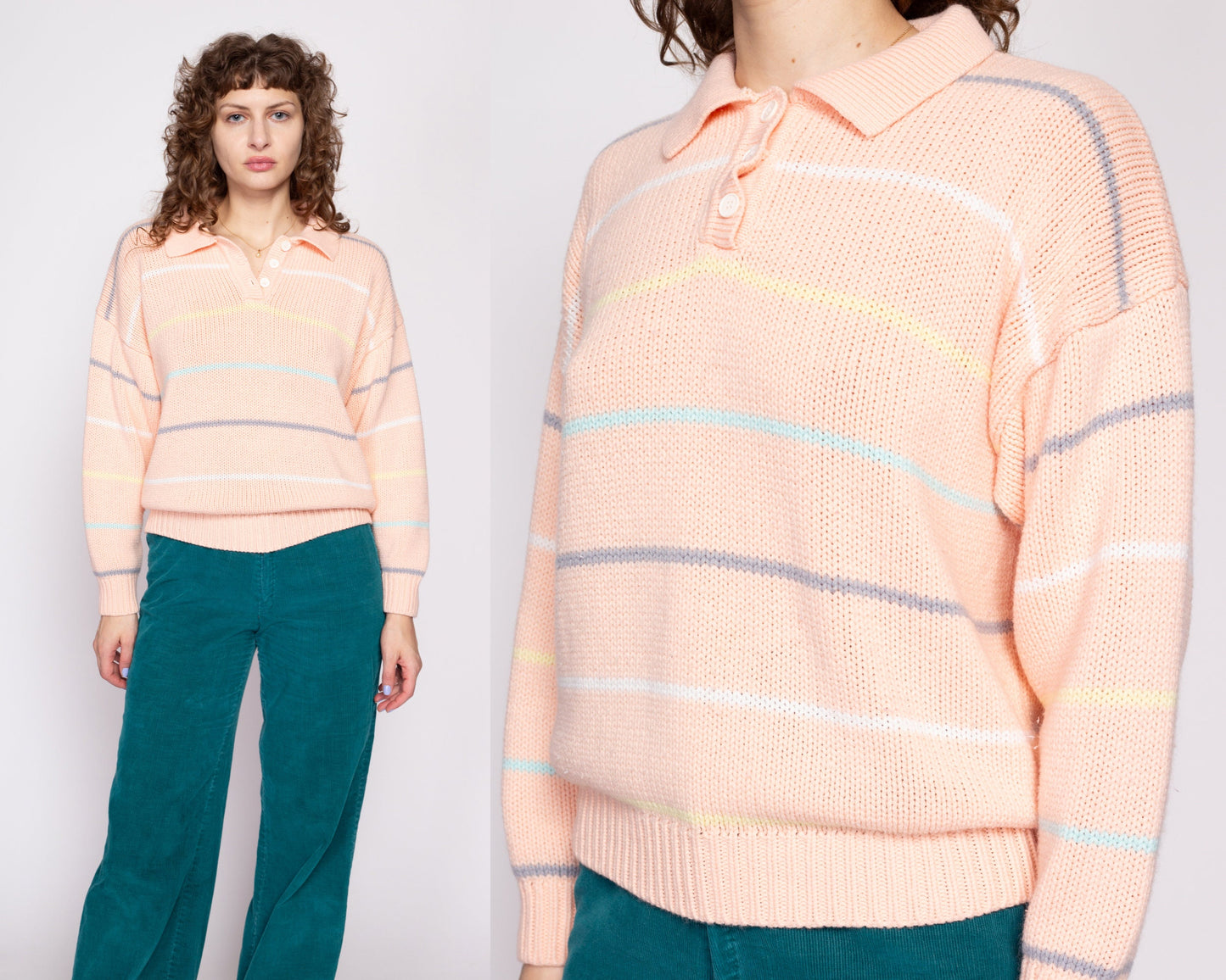 80s Striped Pastel Orange Henley Sweater - Medium | Vintage Collared Knit Pullover Jumper