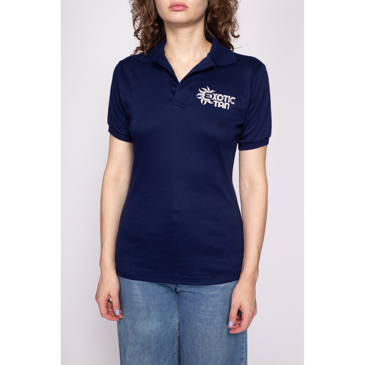 80s Exotic Tan Polo Shirt - Men's Small, Women's Medium | Vintage Navy Blue Staff Uniform Short Sleeve Collared Top