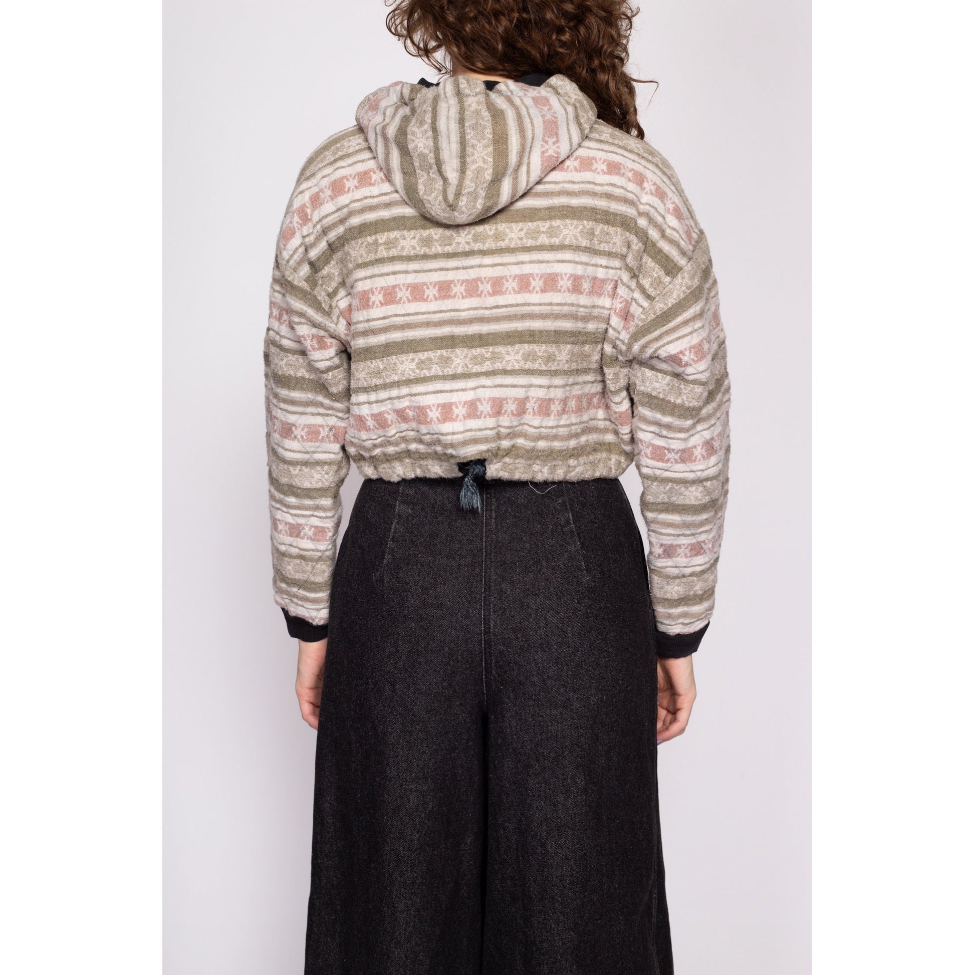 90s Quilted Striped Hoodie - Medium | Vintage Cotton Zip Up Hooded Cropped Sweater
