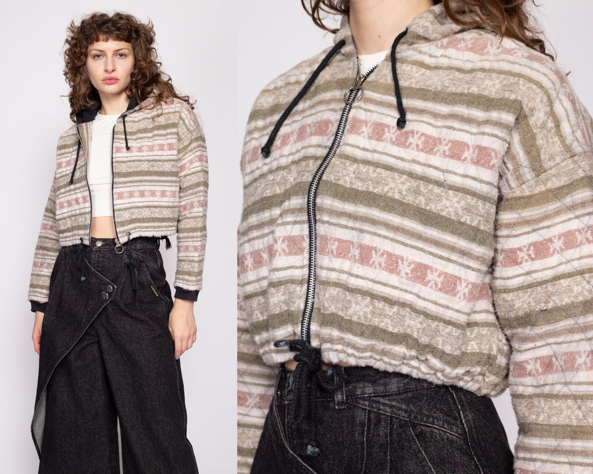90s Quilted Striped Hoodie - Medium | Vintage Cotton Zip Up Hooded Cropped Sweater