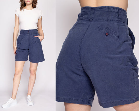 90s Faded Navy Blue High Waisted Shorts - Small to Medium, 27.5" | Vintage Cotton Casual Pleated Shorts