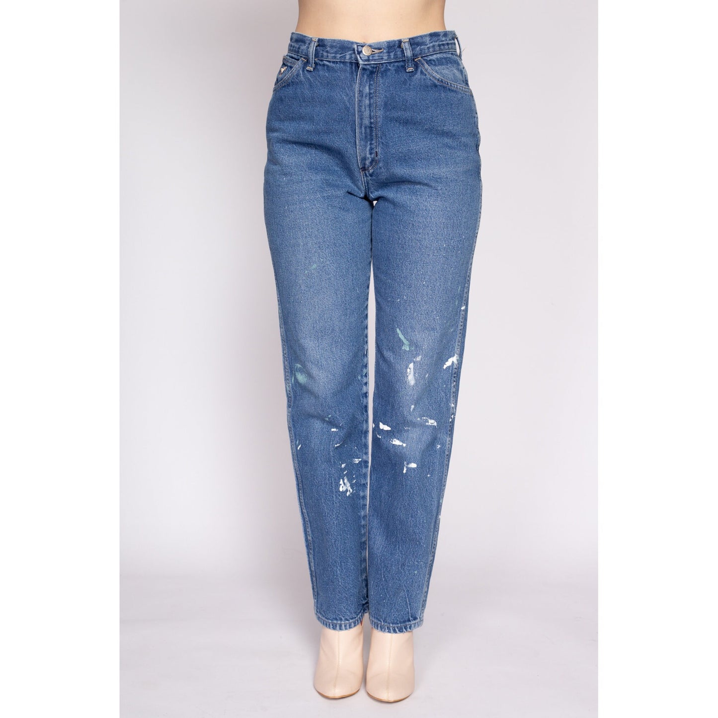 80s Wrangler High Waisted Paint Splattered Jeans - Medium, 28" | Vintage Distressed Denim Tapered Leg Curvy Fit Mom Jeans