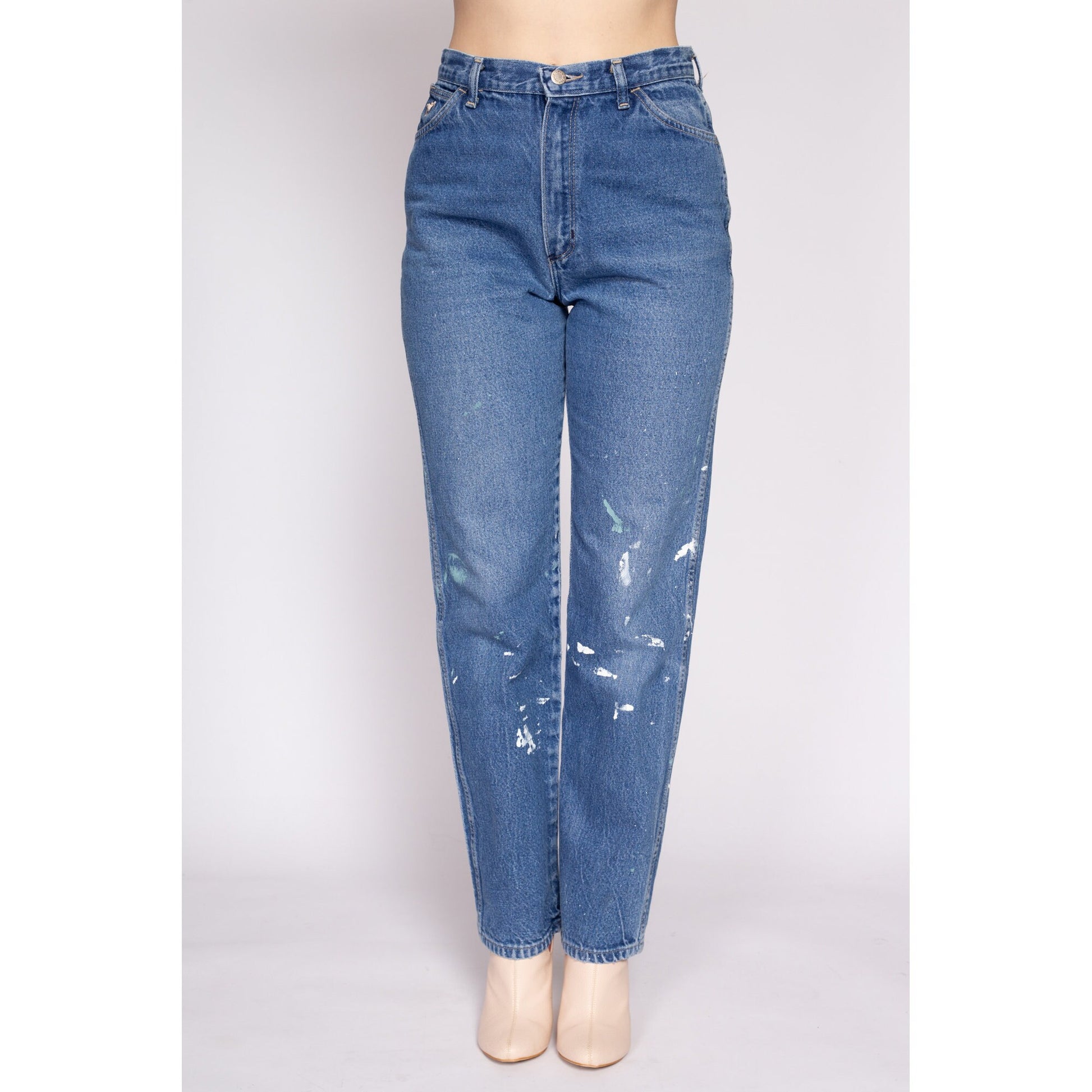 80s Wrangler High Waisted Paint Splattered Jeans - Medium, 28" | Vintage Distressed Denim Tapered Leg Curvy Fit Mom Jeans