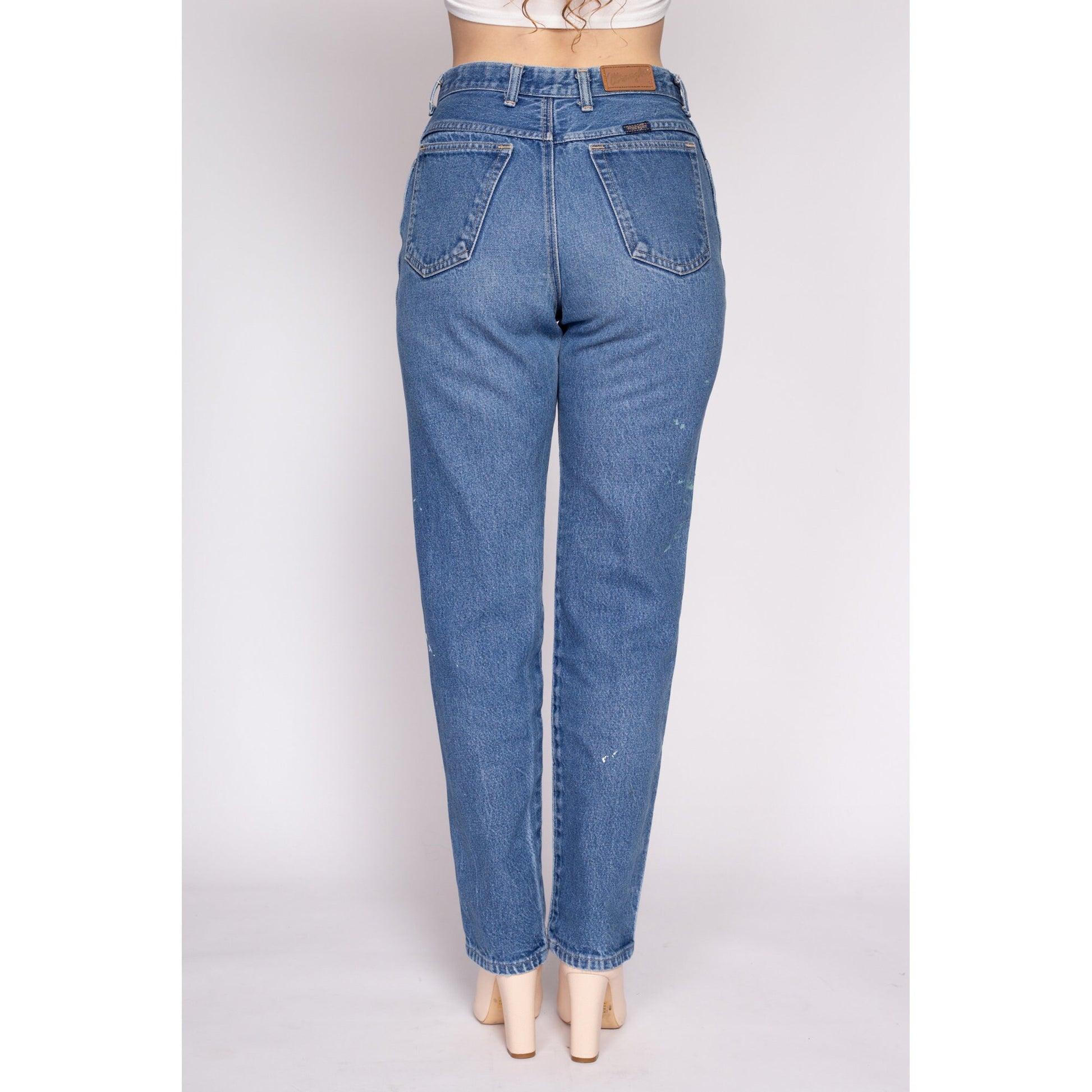 80s Wrangler High Waisted Paint Splattered Jeans - Medium, 28" | Vintage Distressed Denim Tapered Leg Curvy Fit Mom Jeans