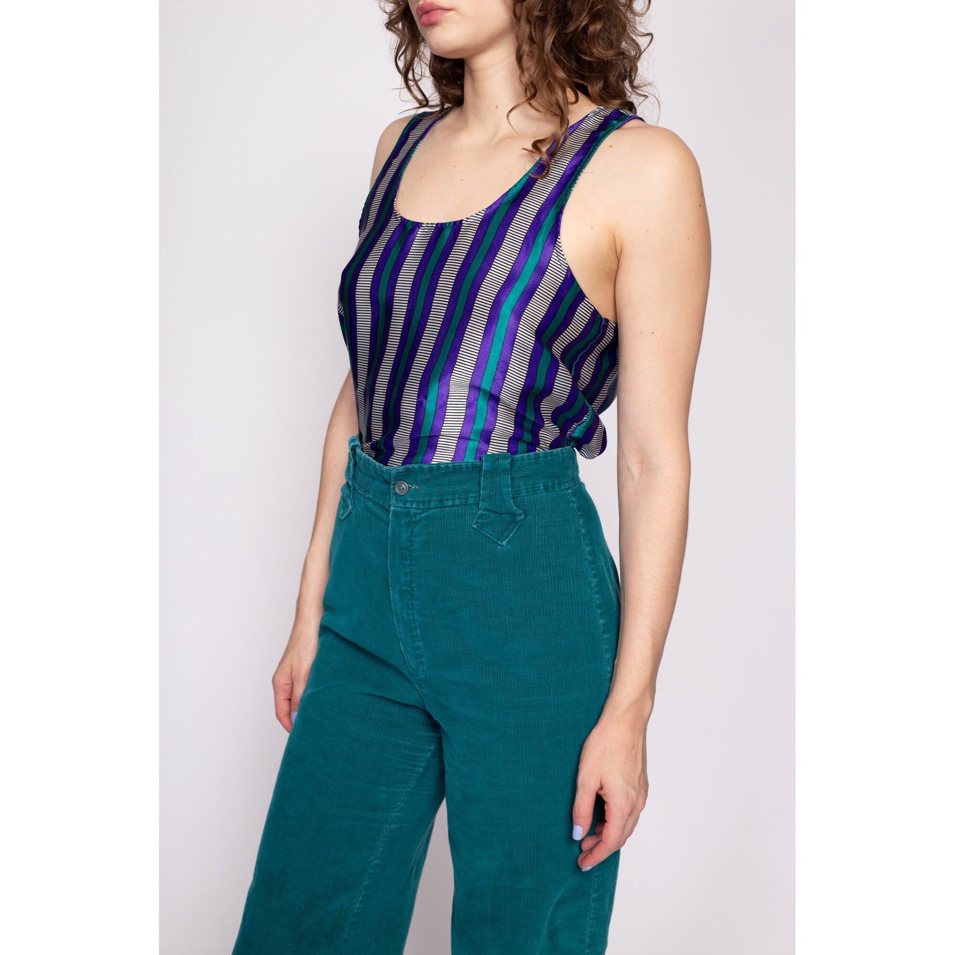 90s Purple & Teal Striped Satin Cropped Tank - Small | Vintage Victoria's Secret Sleeveless Crop Top