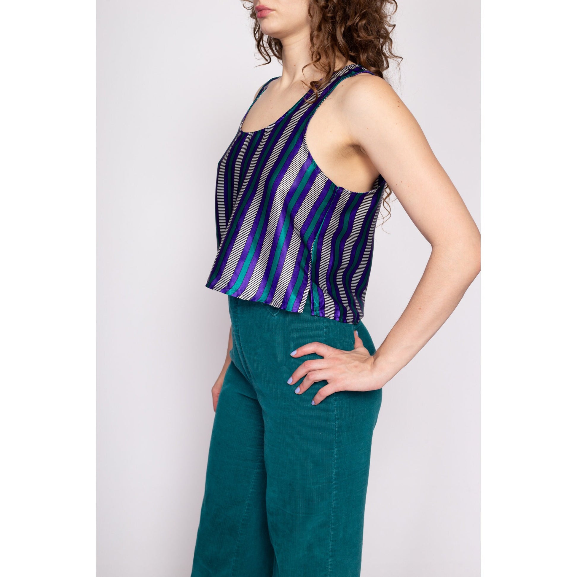 90s Purple & Teal Striped Satin Cropped Tank - Small | Vintage Victoria's Secret Sleeveless Crop Top