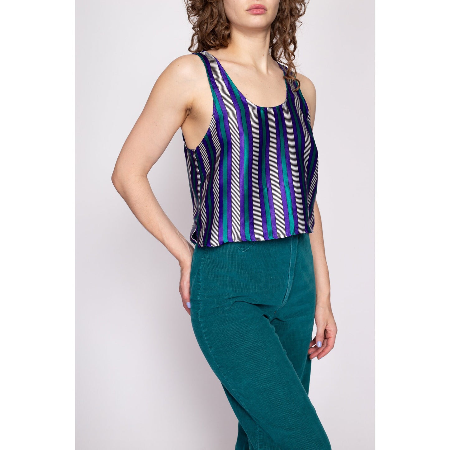 90s Purple & Teal Striped Satin Cropped Tank - Small | Vintage Victoria's Secret Sleeveless Crop Top