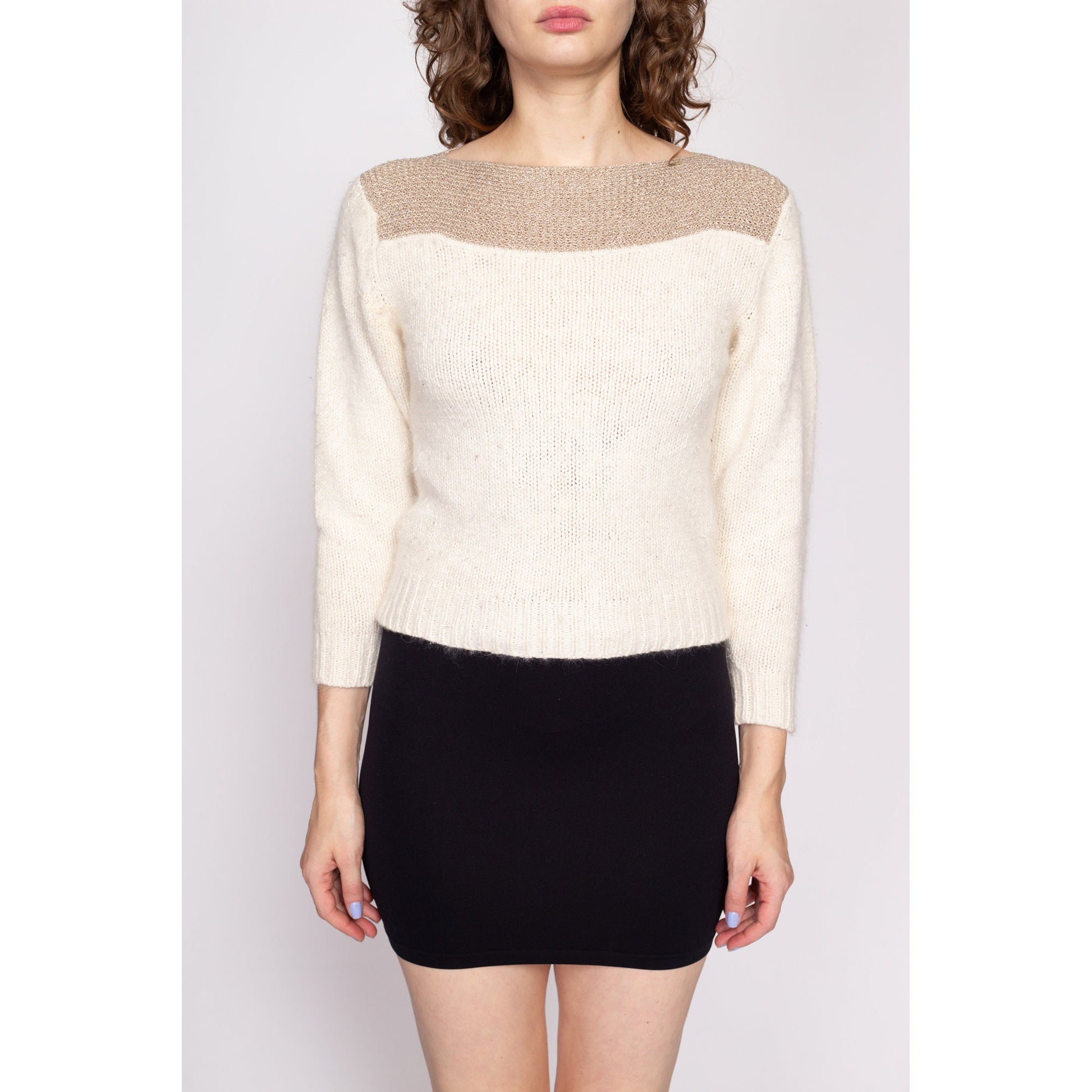 80s Cream & Gold Metallic Knit Sweater - Small to Medium | Vintage Silk Angora Long Sleeve Cropped Pullover