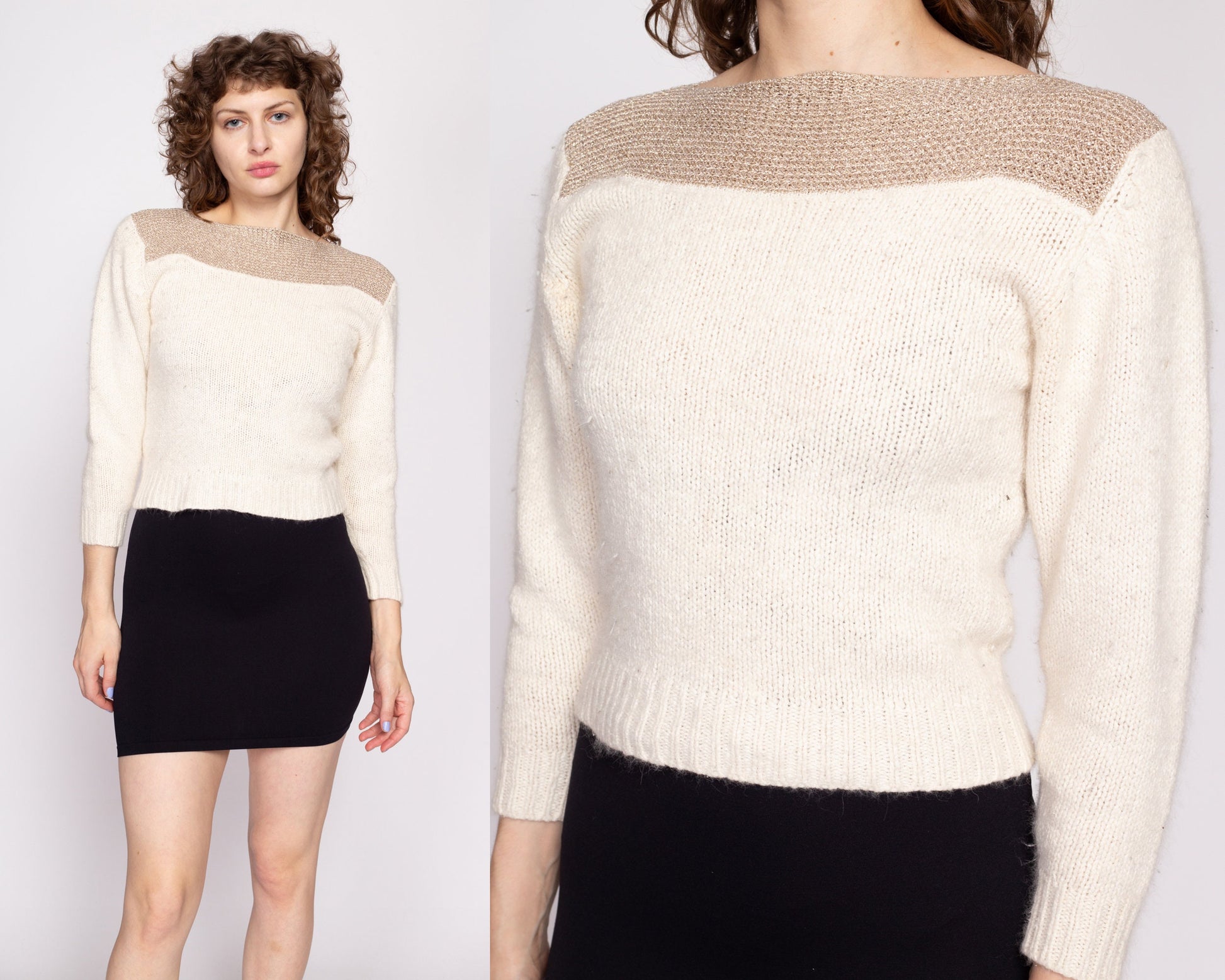 80s Cream & Gold Metallic Knit Sweater - Small to Medium | Vintage Silk Angora Long Sleeve Cropped Pullover