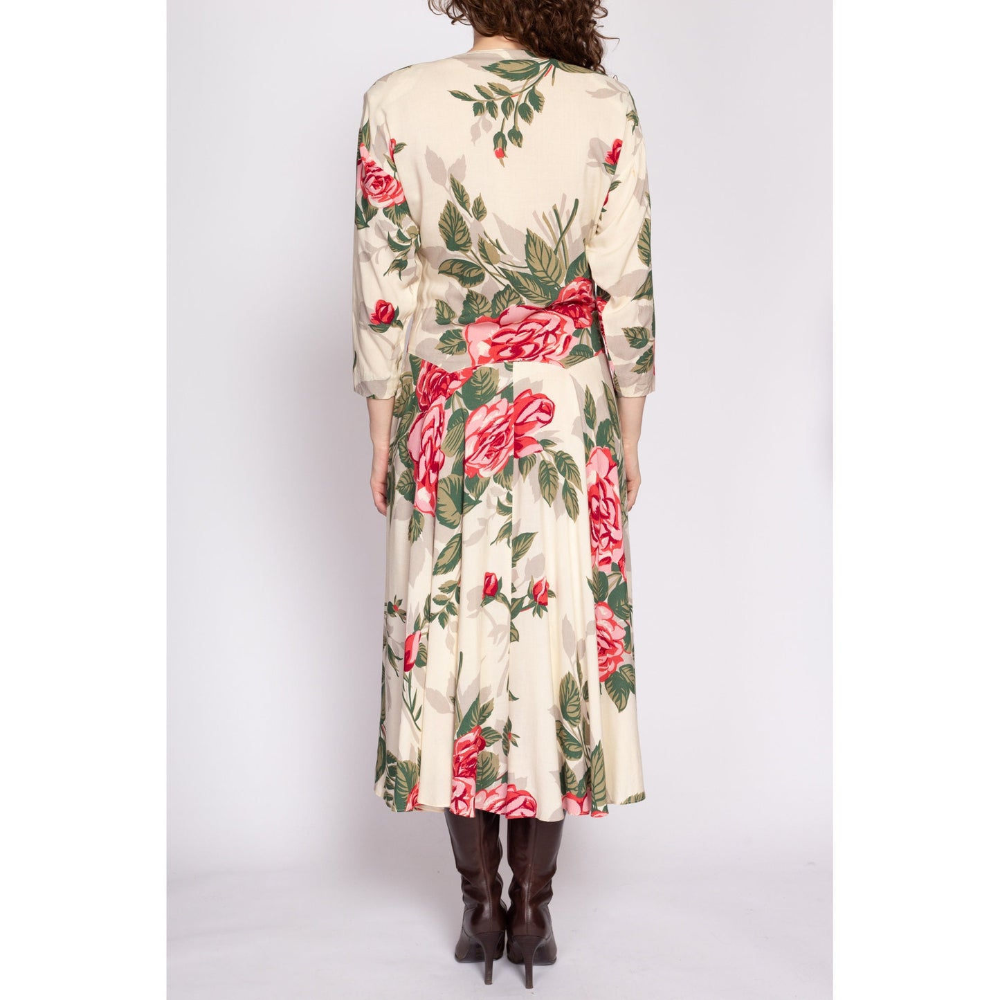 80s Nicole Miller Rose Floral Batwing Sleeve Dress - Medium | Vintage Designer Long Sleeve Midi Secretary Dress