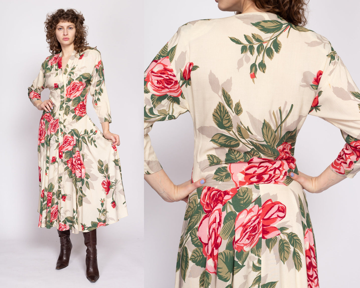 80s Nicole Miller Rose Floral Batwing Sleeve Dress - Medium | Vintage Designer Long Sleeve Midi Secretary Dress