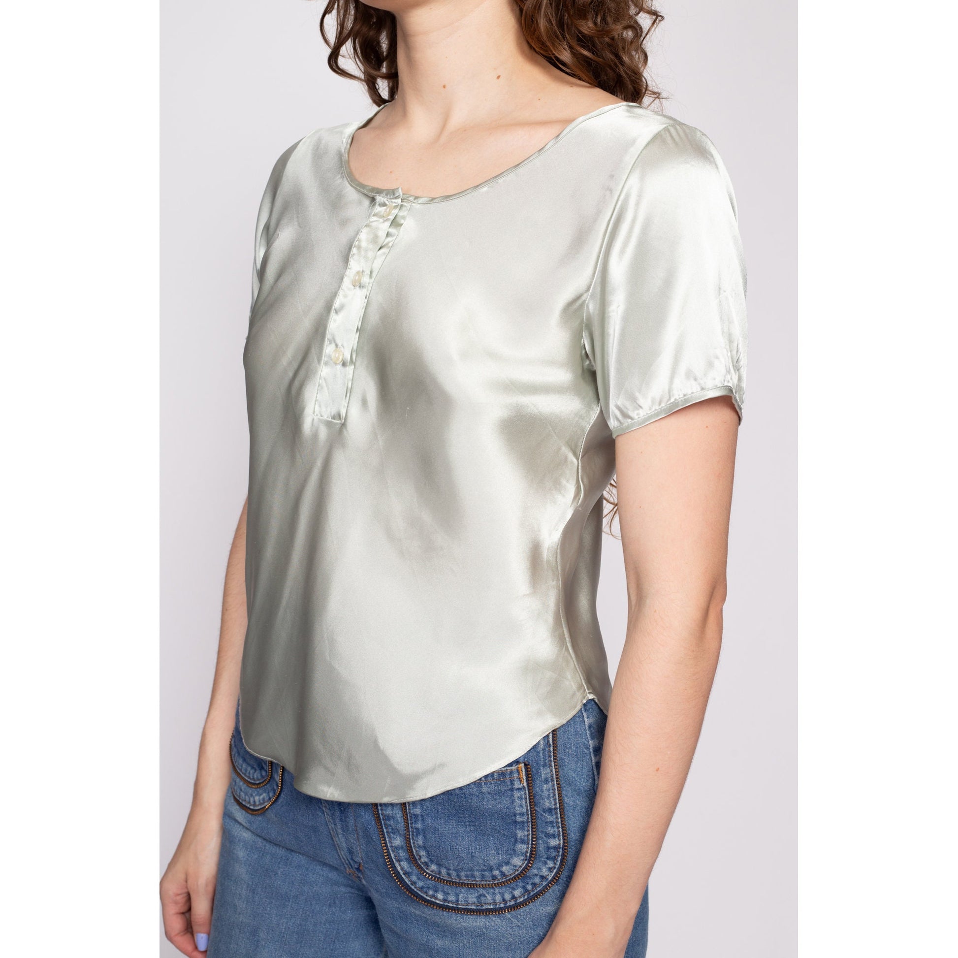 90s Mint Green Liquid Satin Henley Top - Medium | Vintage Pastel Short Sleeve Slouchy Shiny Pajama Shirt