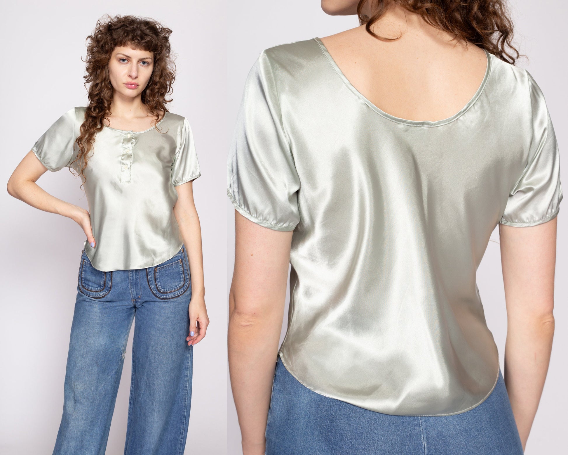 90s Mint Green Liquid Satin Henley Top - Medium | Vintage Pastel Short Sleeve Slouchy Shiny Pajama Shirt