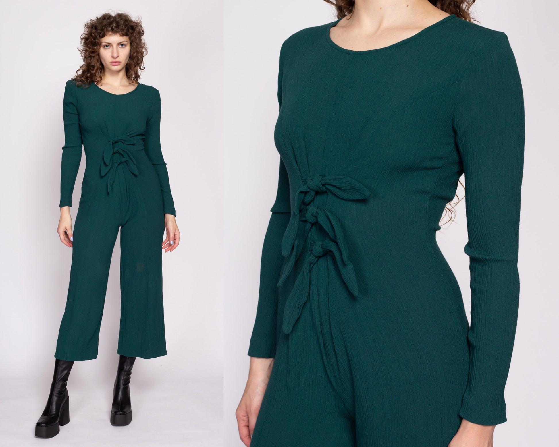 90s Grunge Emerald Green Tie Front Jumpsuit - Small | Vintage All That Jazz Boho Long Sleeve Romper Outfit