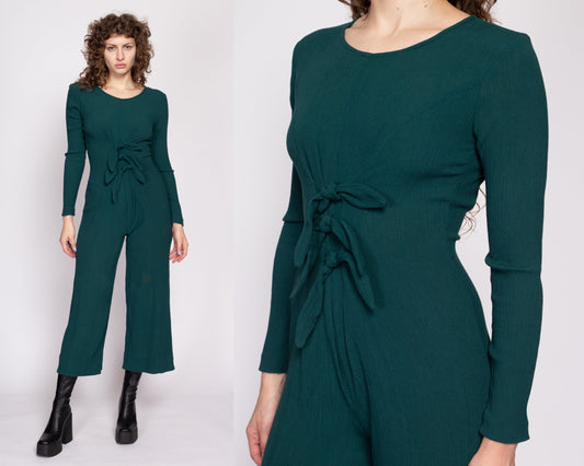 90s Grunge Emerald Green Tie Front Jumpsuit - Small | Vintage All That Jazz Boho Long Sleeve Romper Outfit