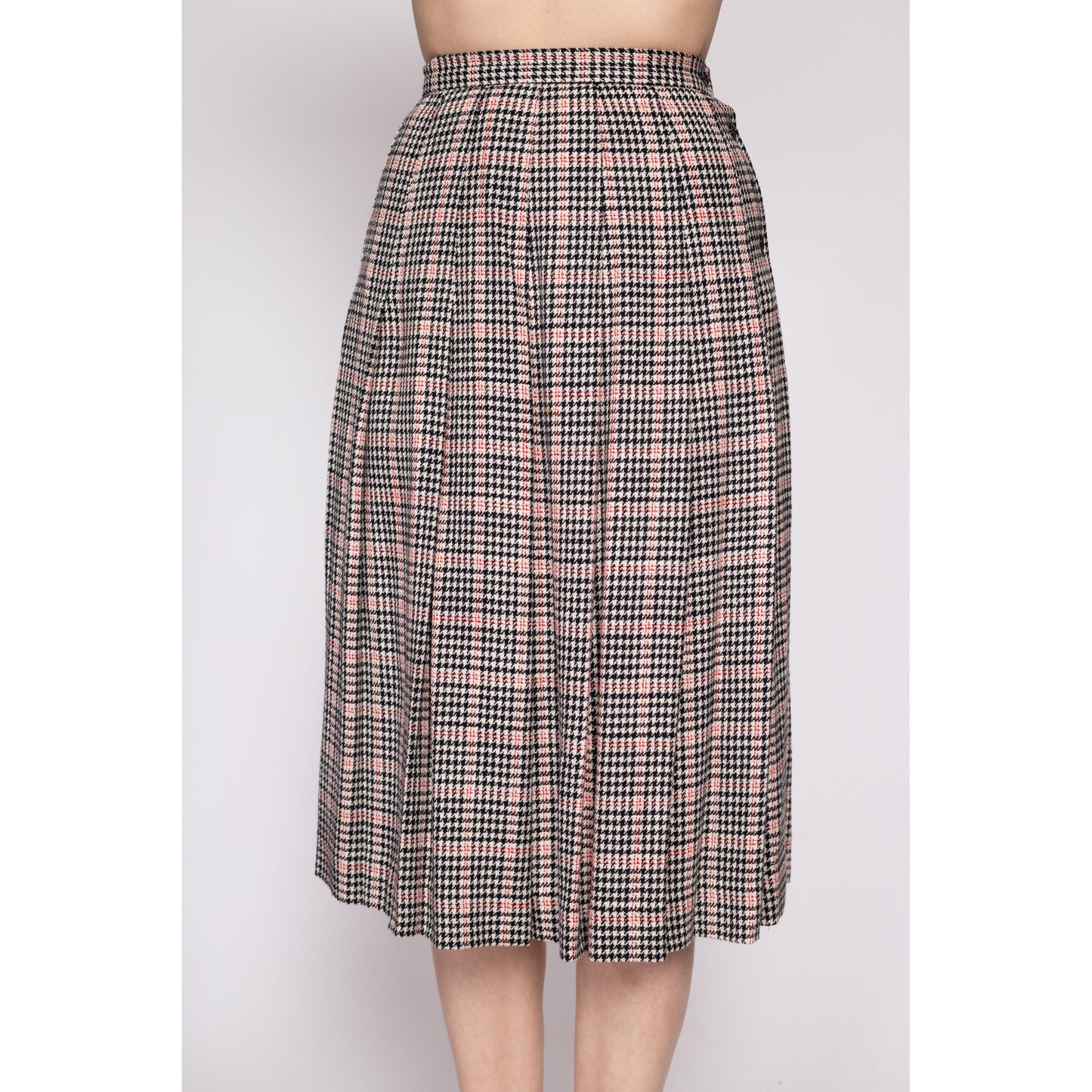 80s Houndstooth Pleated Midi Skirt - Extra Small, 24" | Vintage Micki Wool Blend High Waist Preppy Schoolgirl Skirt