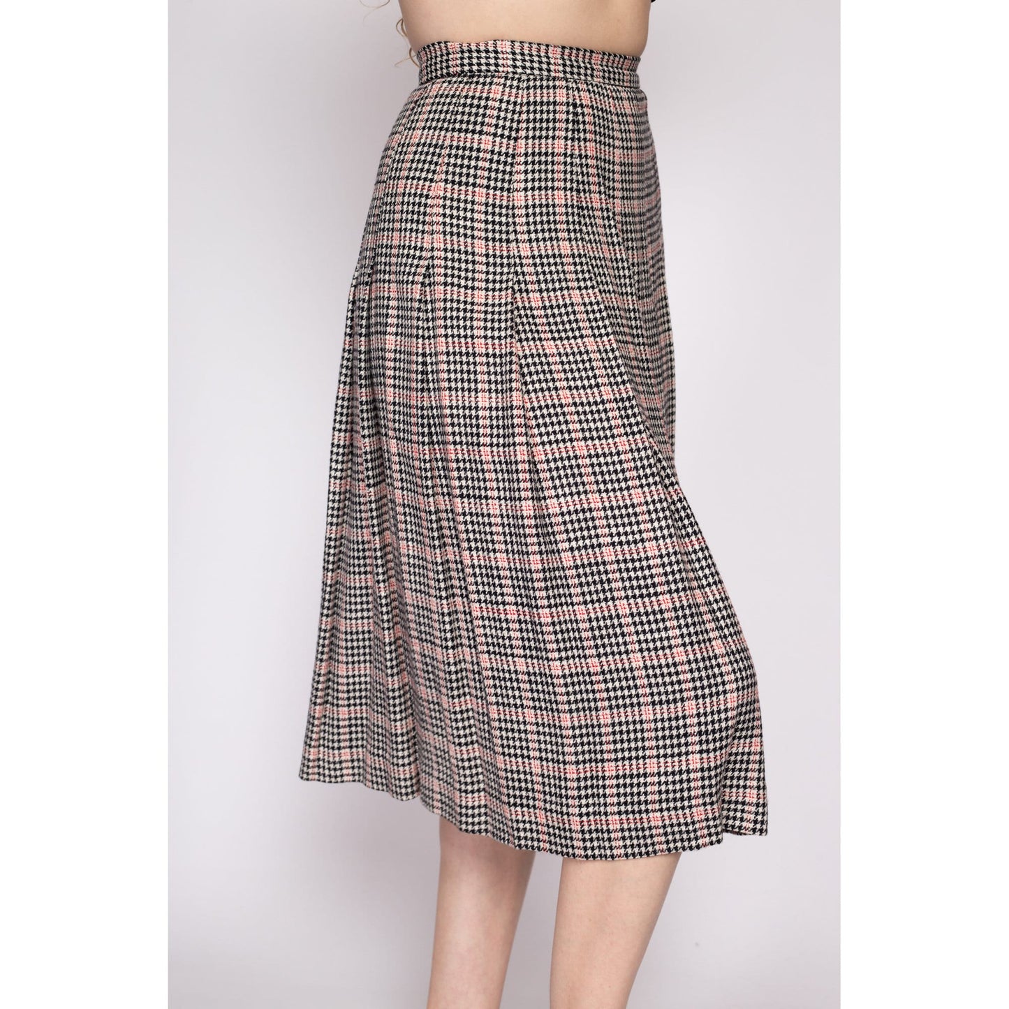 80s Houndstooth Pleated Midi Skirt - Extra Small, 24" | Vintage Micki Wool Blend High Waist Preppy Schoolgirl Skirt
