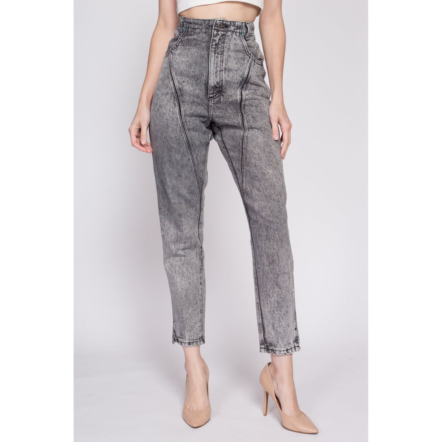 80s Lee Acid Wash High Waisted Curvy Fit Jeans - Extra Small | Vintage Faded Black Grey Denim Tapered Leg Mom Jeans