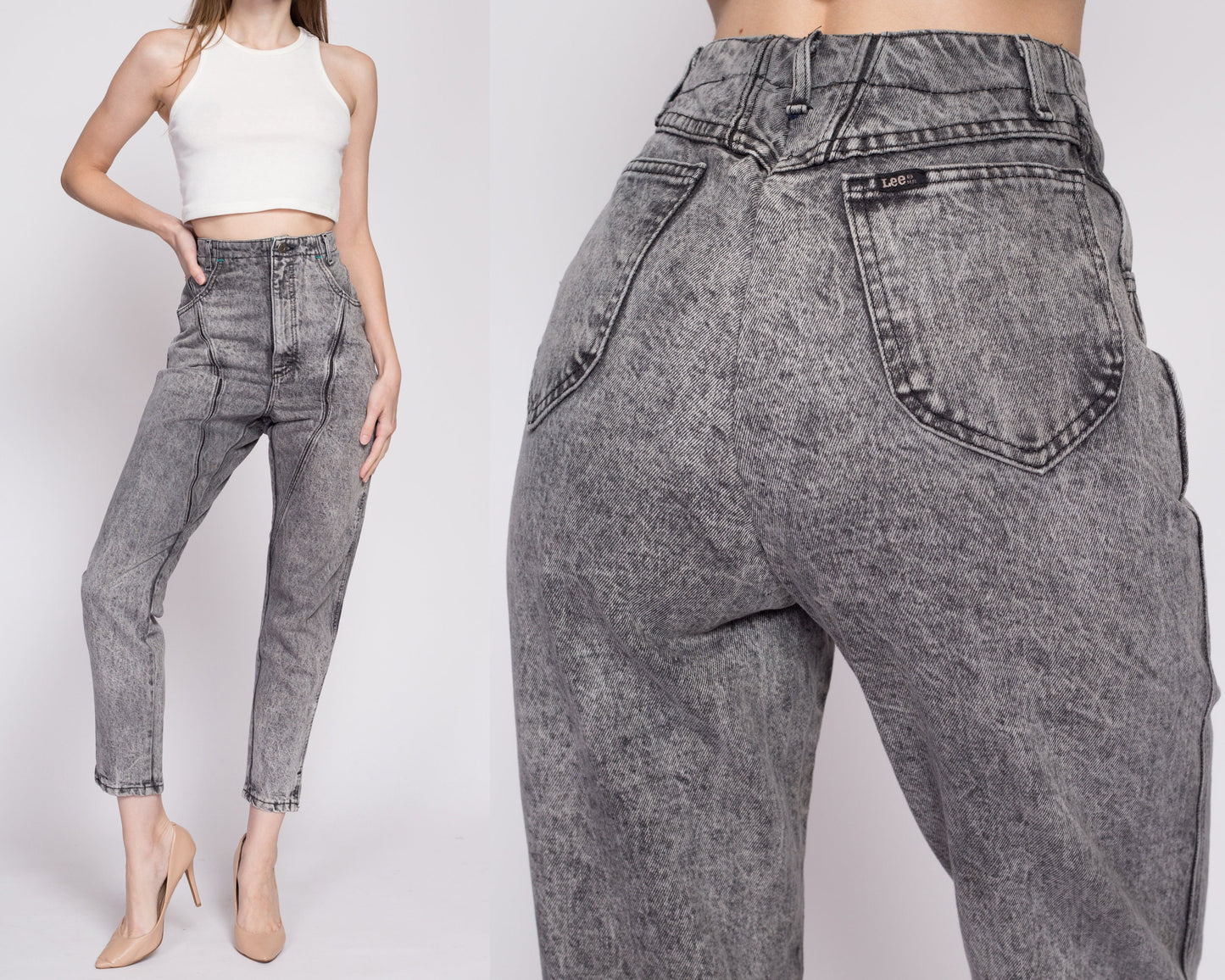80s Lee Acid Wash High Waisted Curvy Fit Jeans - Extra Small | Vintage Faded Black Grey Denim Tapered Leg Mom Jeans