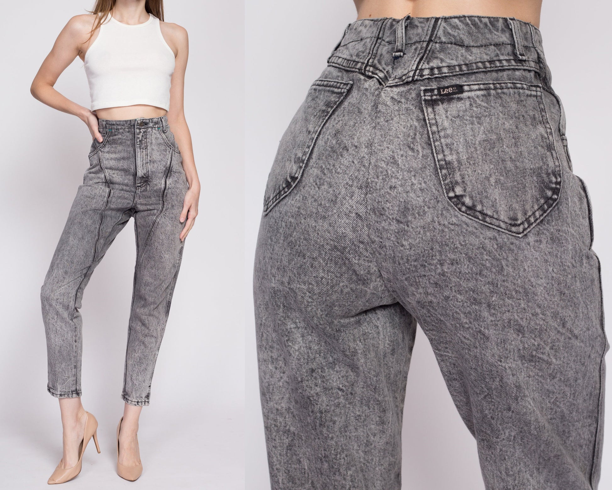 80s Lee Acid Wash High Waisted Curvy Fit Jeans - Extra Small | Vintage Faded Black Grey Denim Tapered Leg Mom Jeans