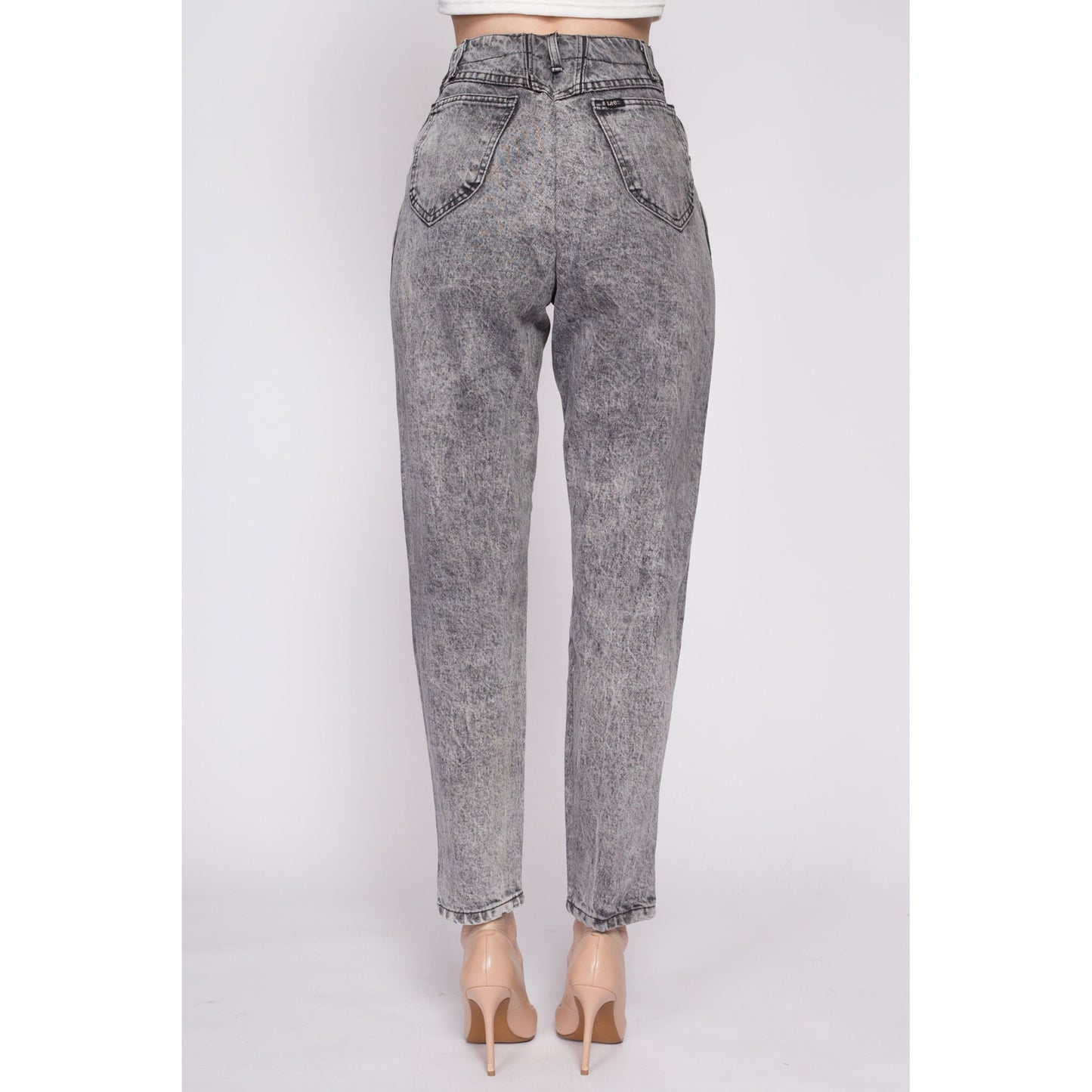 80s Lee Acid Wash High Waisted Curvy Fit Jeans - Extra Small | Vintage Faded Black Grey Denim Tapered Leg Mom Jeans