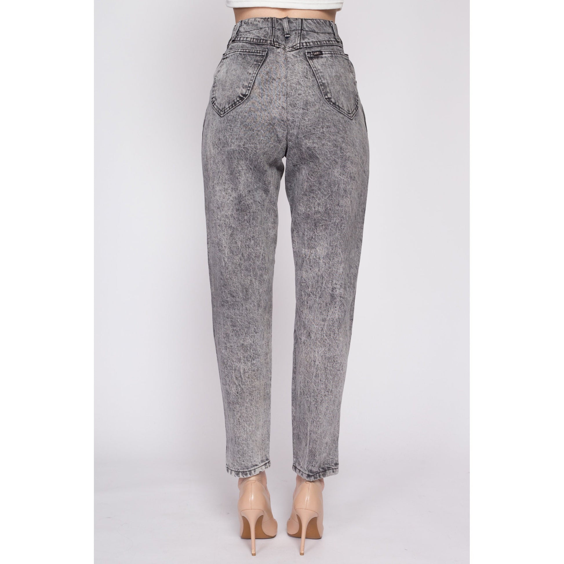 80s Lee Acid Wash High Waisted Curvy Fit Jeans - Extra Small | Vintage Faded Black Grey Denim Tapered Leg Mom Jeans