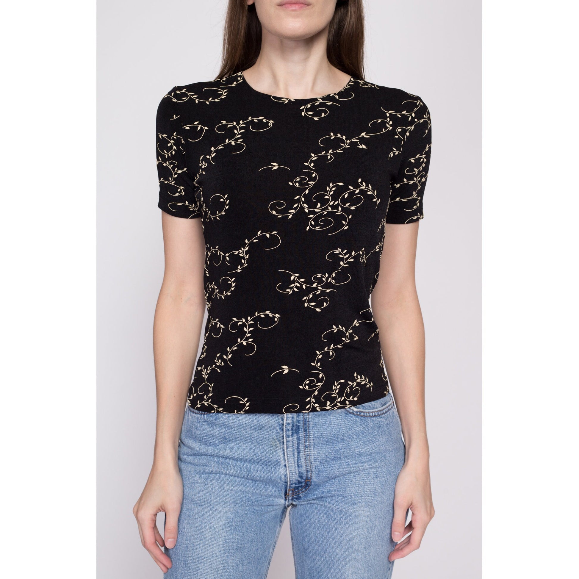 90s Slinky Vine Print Top - Small to Medium | Vintage Black Stretchy Leaf Pattern Shirt