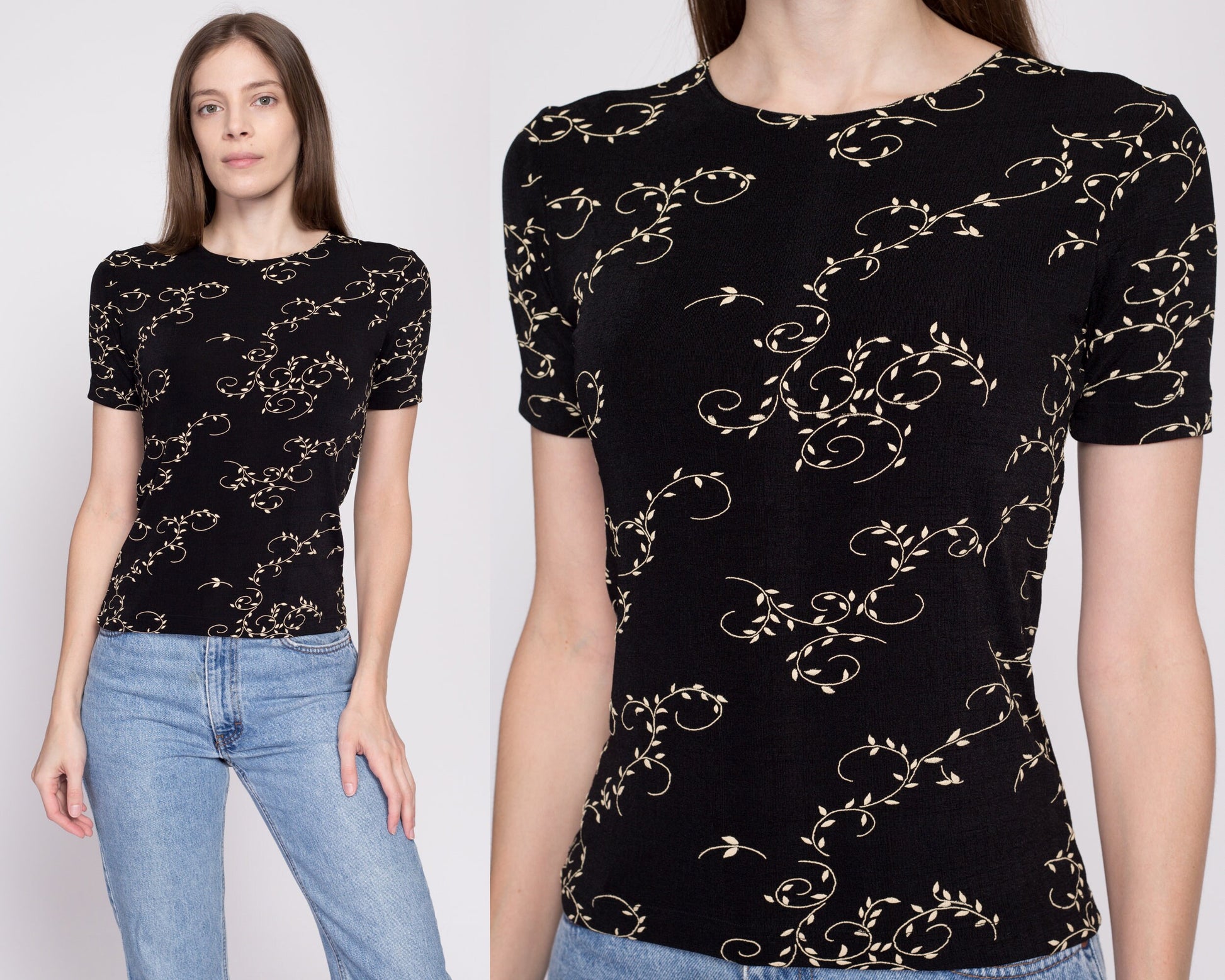 90s Slinky Vine Print Top - Small to Medium | Vintage Black Stretchy Leaf Pattern Shirt