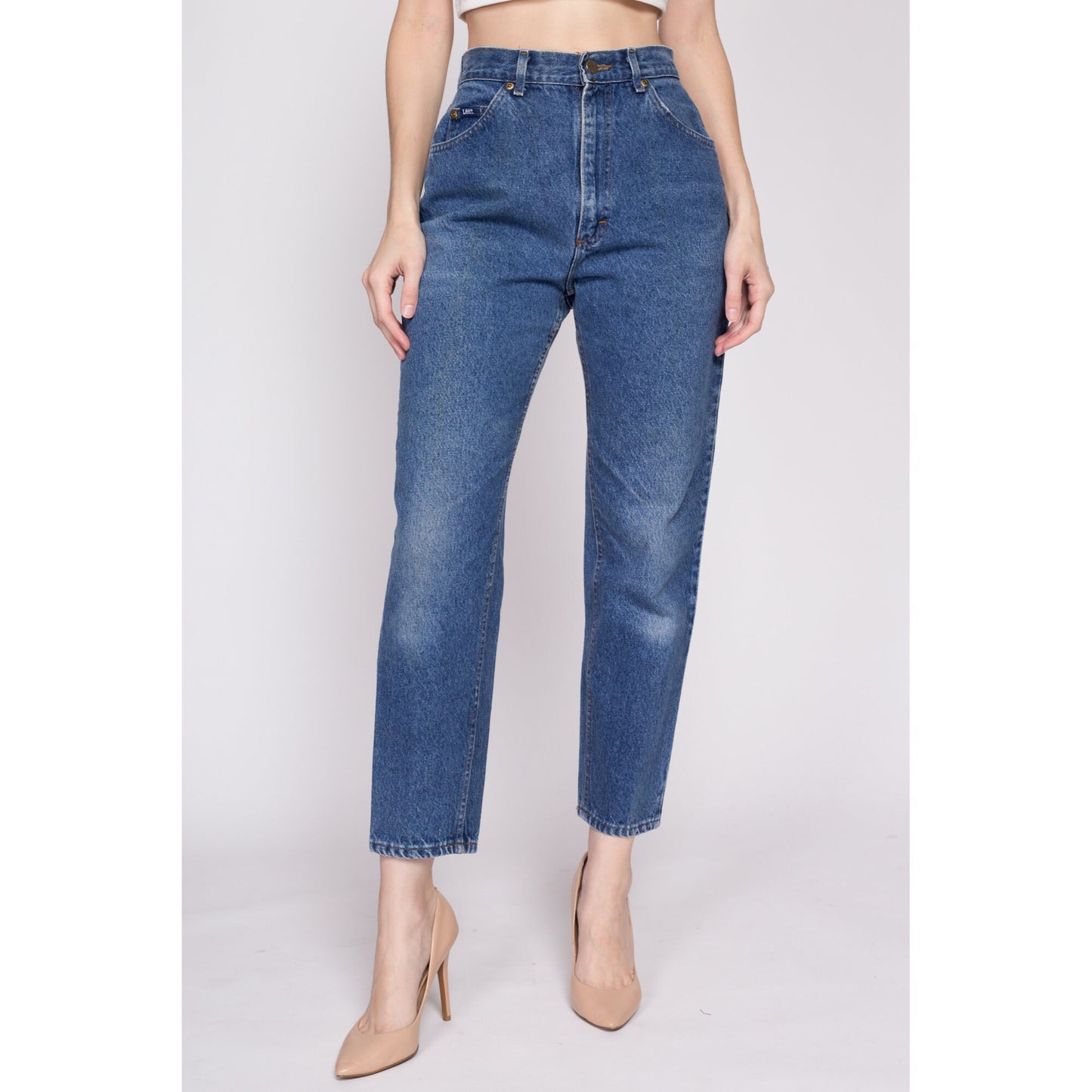 80s Lee Riders High Waisted Jeans - Small to Petite Medium, 27" | Vintage Medium Wash Denim Tapered Leg Mom Jeans