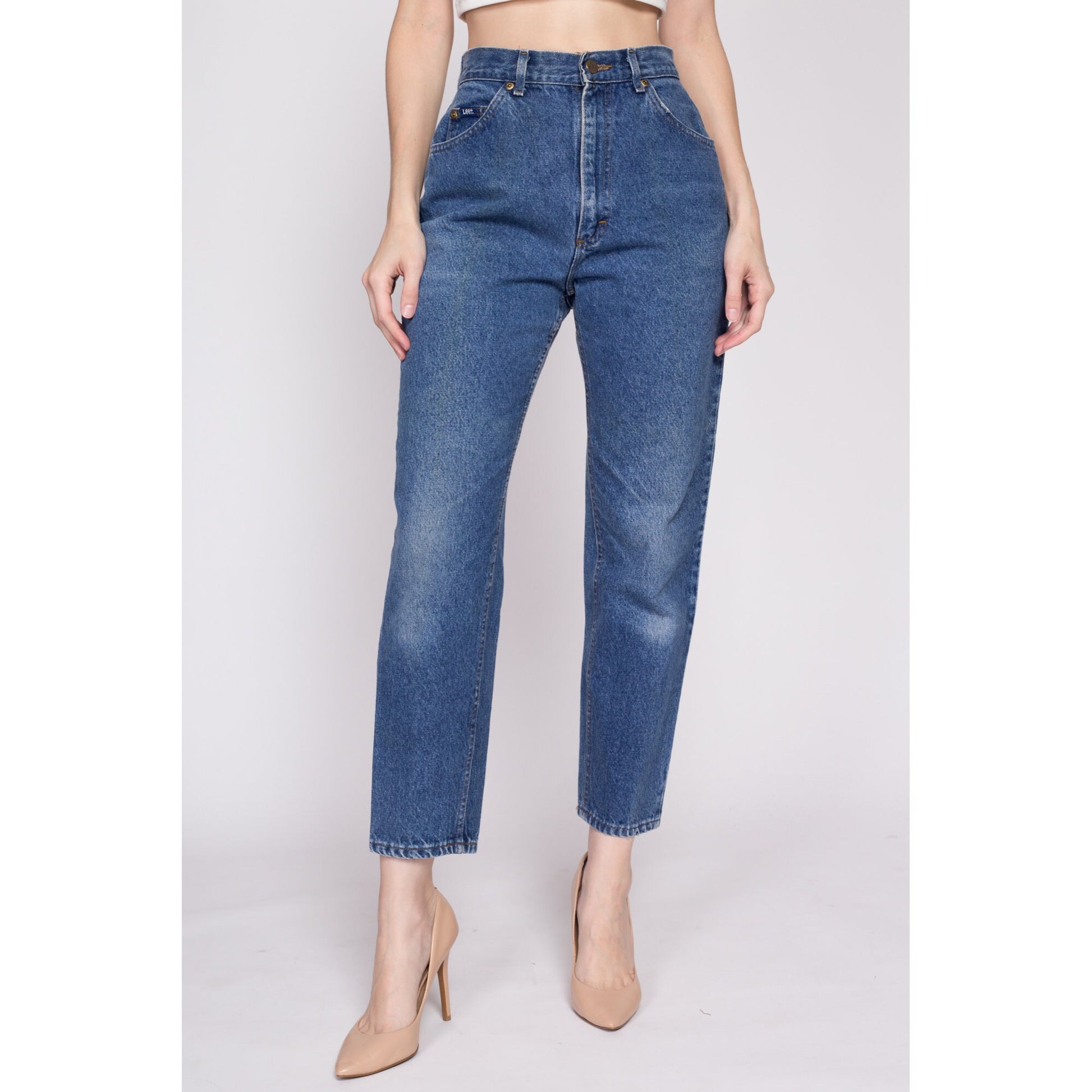 80s Lee Riders High Waisted Jeans - Small to Petite Medium, 27" | Vintage Medium Wash Denim Tapered Leg Mom Jeans