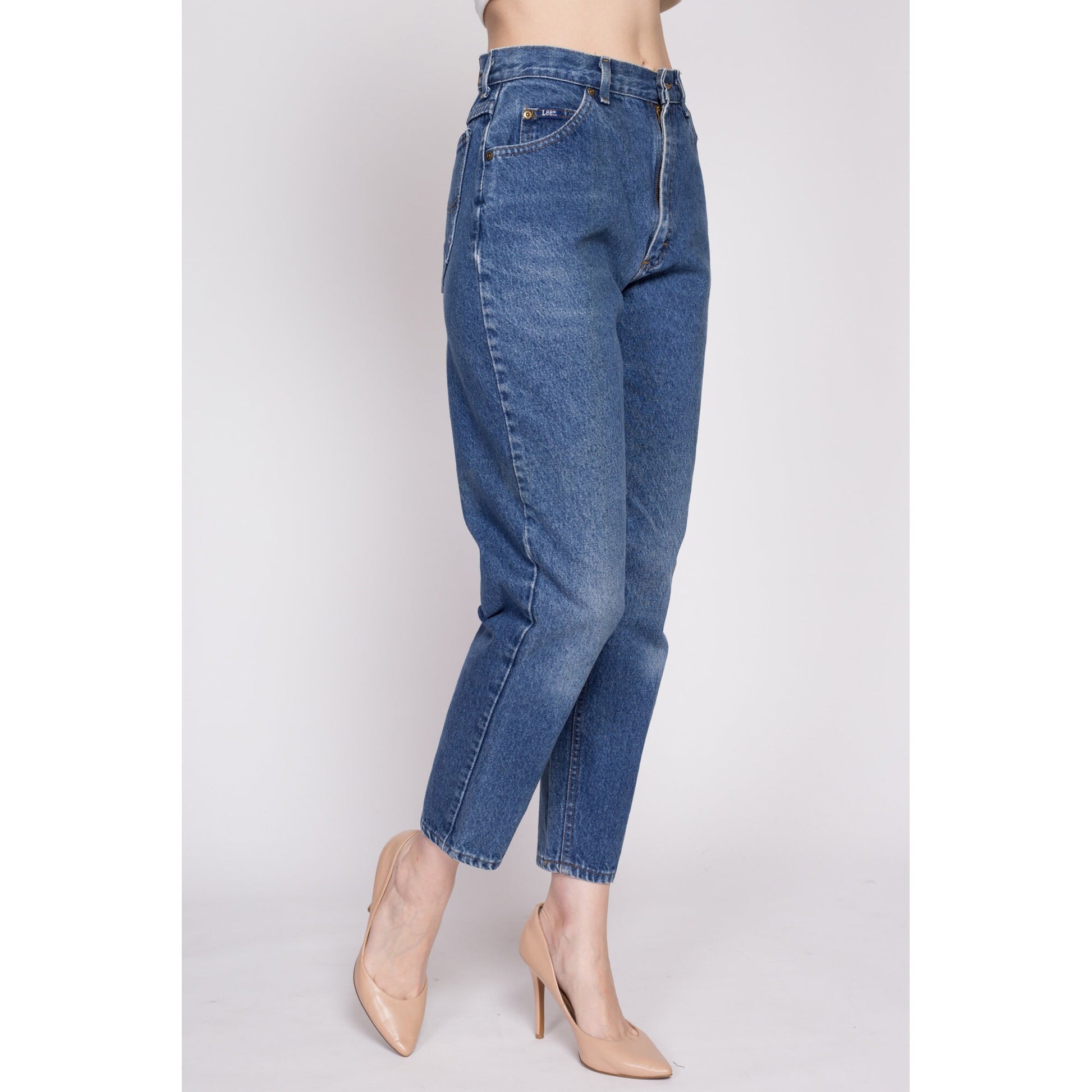 80s Lee Riders High Waisted Jeans - Small to Petite Medium, 27" | Vintage Medium Wash Denim Tapered Leg Mom Jeans