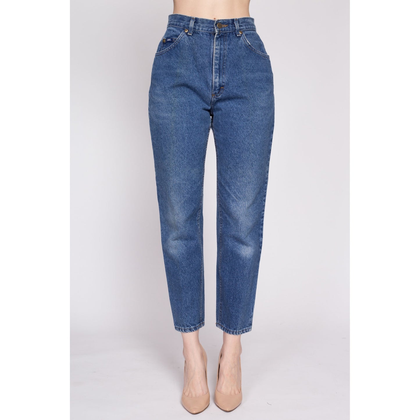 80s Lee Riders High Waisted Jeans - Small to Petite Medium, 27" | Vintage Medium Wash Denim Tapered Leg Mom Jeans