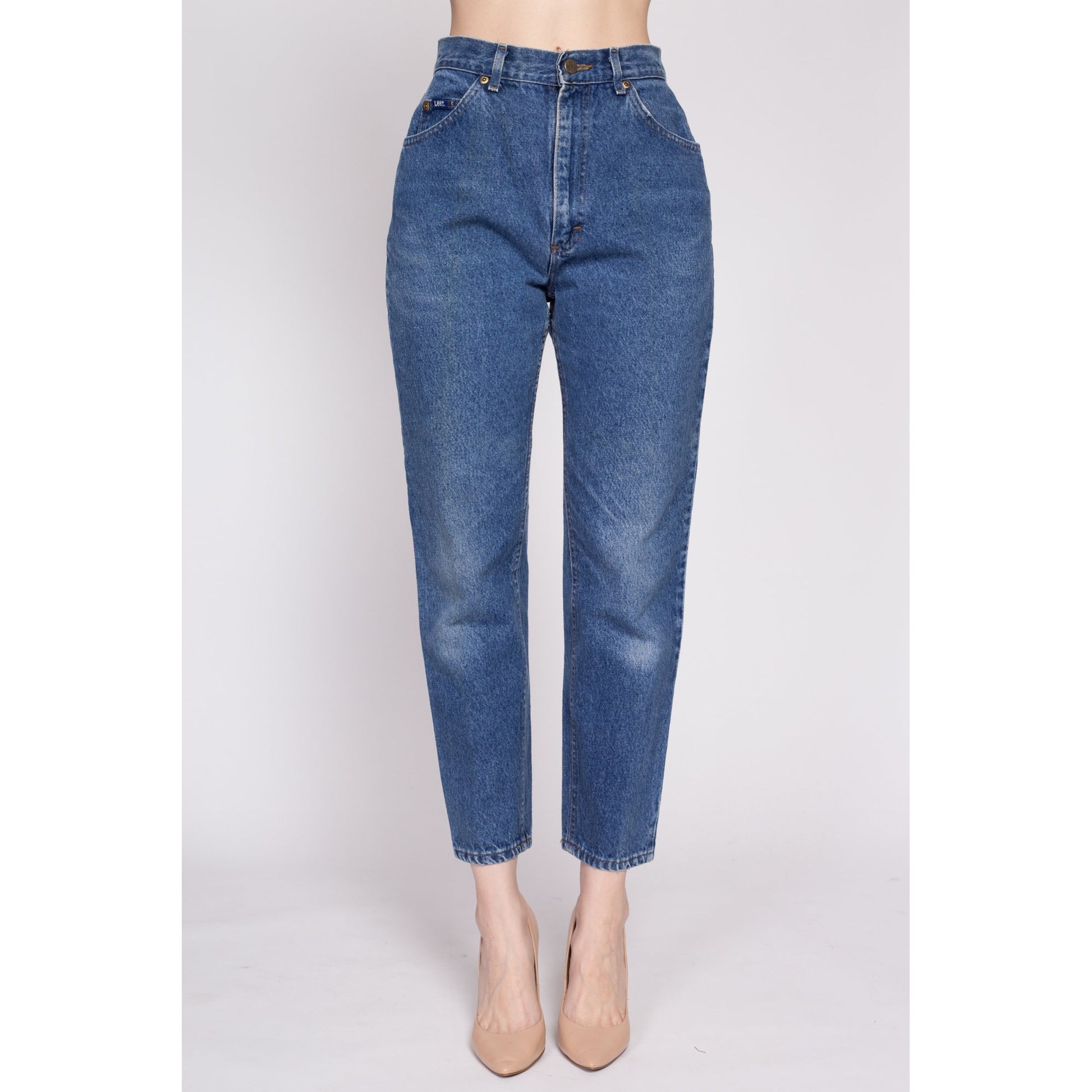 80s Lee Riders High Waisted Jeans - Small to Petite Medium, 27" | Vintage Medium Wash Denim Tapered Leg Mom Jeans