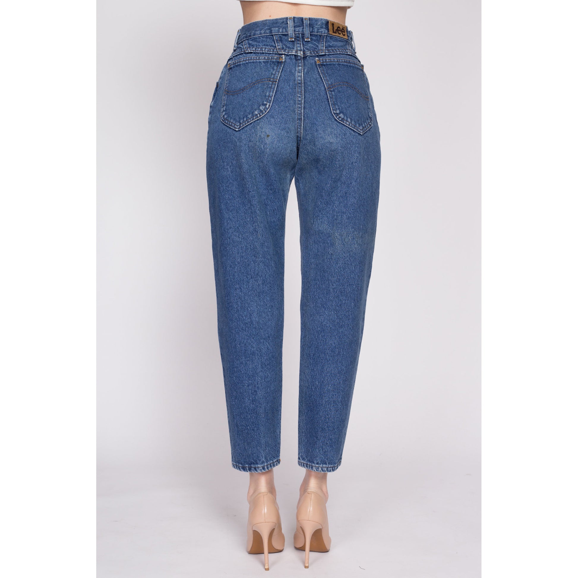 80s Lee Riders High Waisted Jeans - Small to Petite Medium, 27" | Vintage Medium Wash Denim Tapered Leg Mom Jeans
