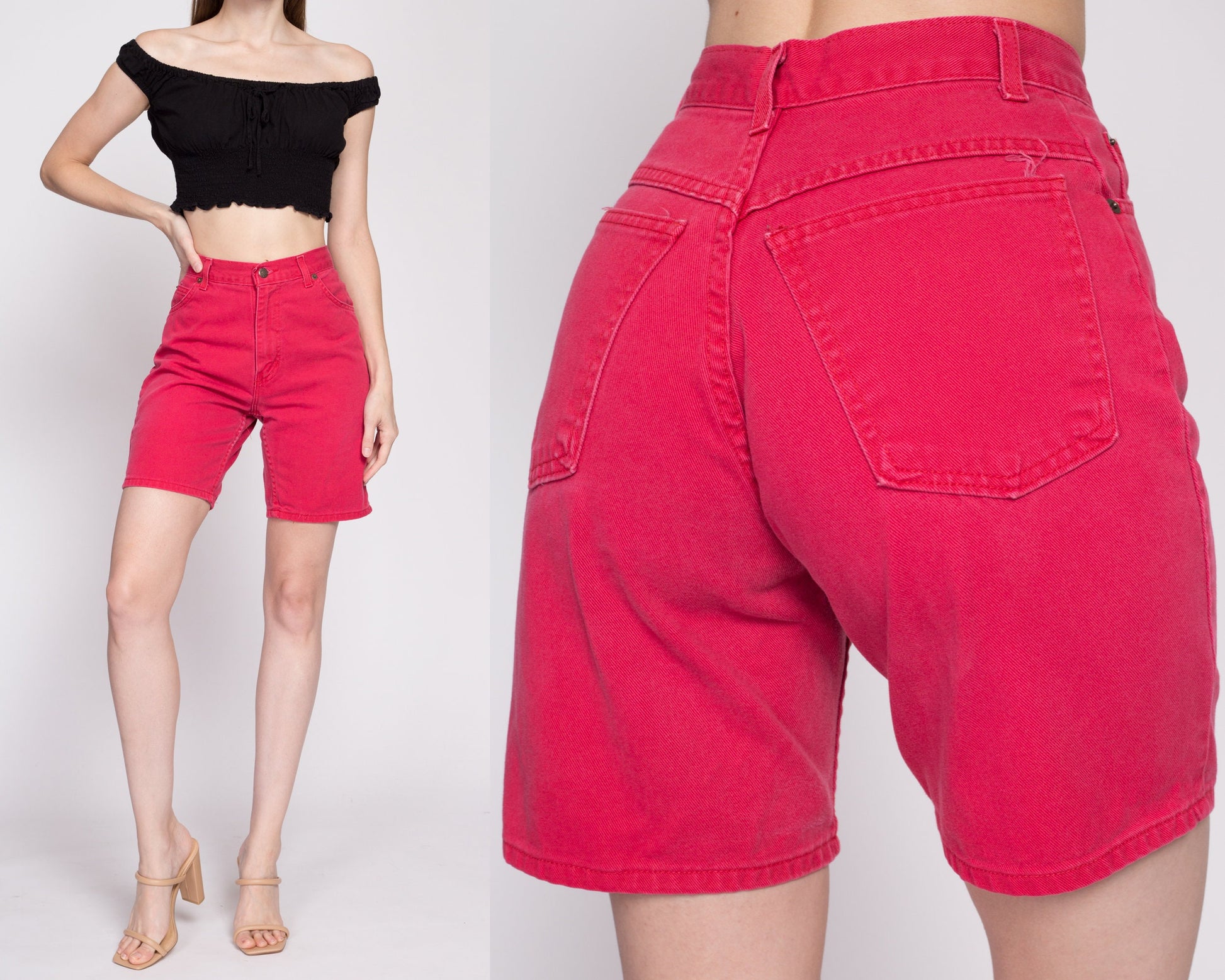 90s Red High Waisted Jean Shorts - Extra Small, 25" | Vintage Denim High Rise Bermuda Mom Shorts