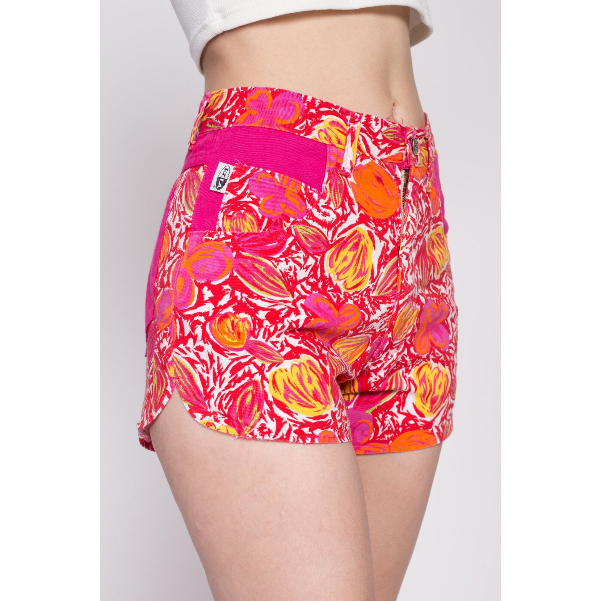90s Hot Pink Floral Shorts - XS to Small | Vintage High Waisted Cotton Denim Retro Mini Cheeky Shorts
