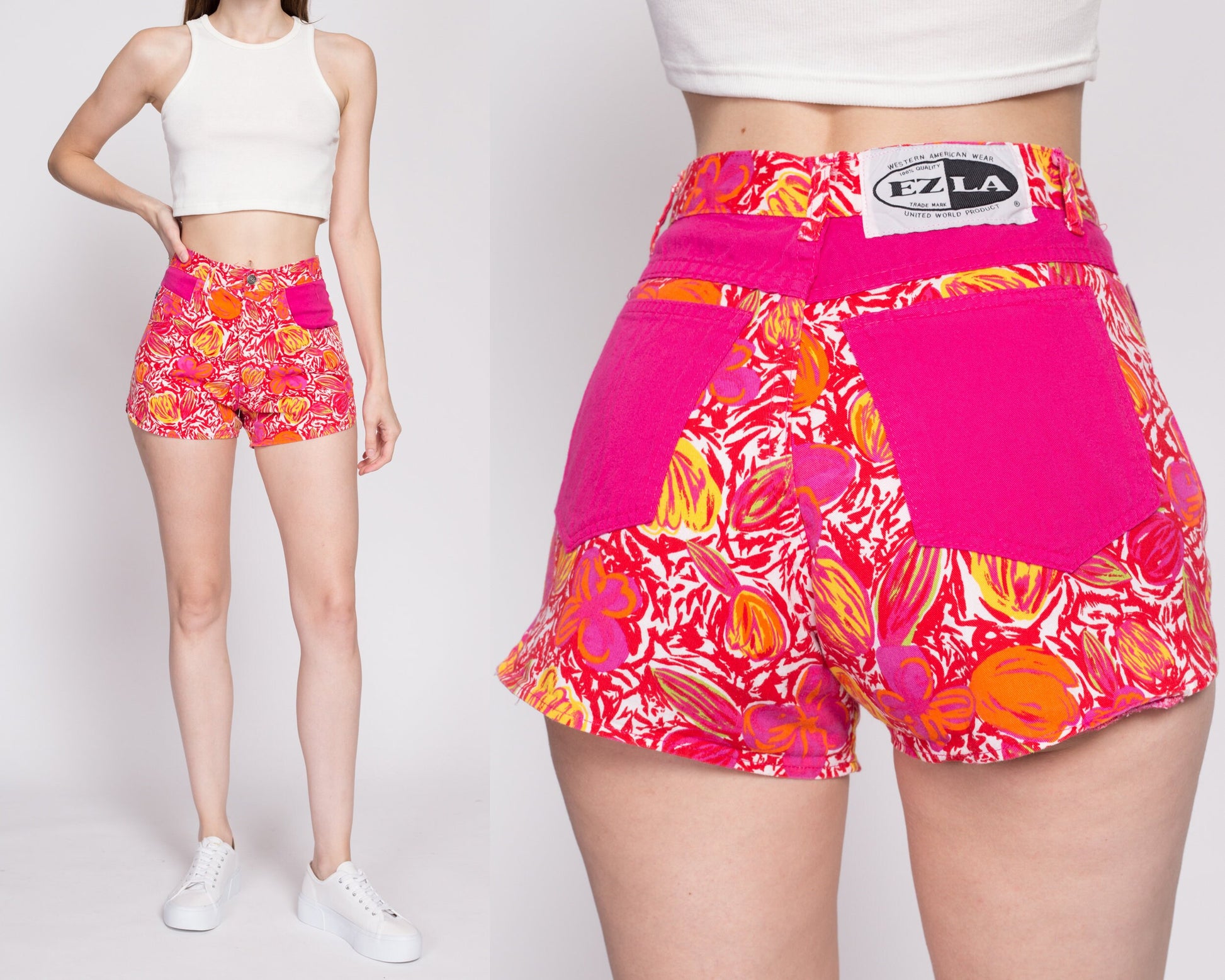 90s Hot Pink Floral Shorts - XS to Small | Vintage High Waisted Cotton Denim Retro Mini Cheeky Shorts